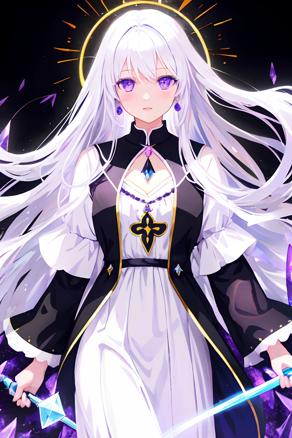 girl, flowing white hair, Dress of the Saint Maiden, purple eyes, surrounded by a bright yellow light, on the handle of a black crystal, white