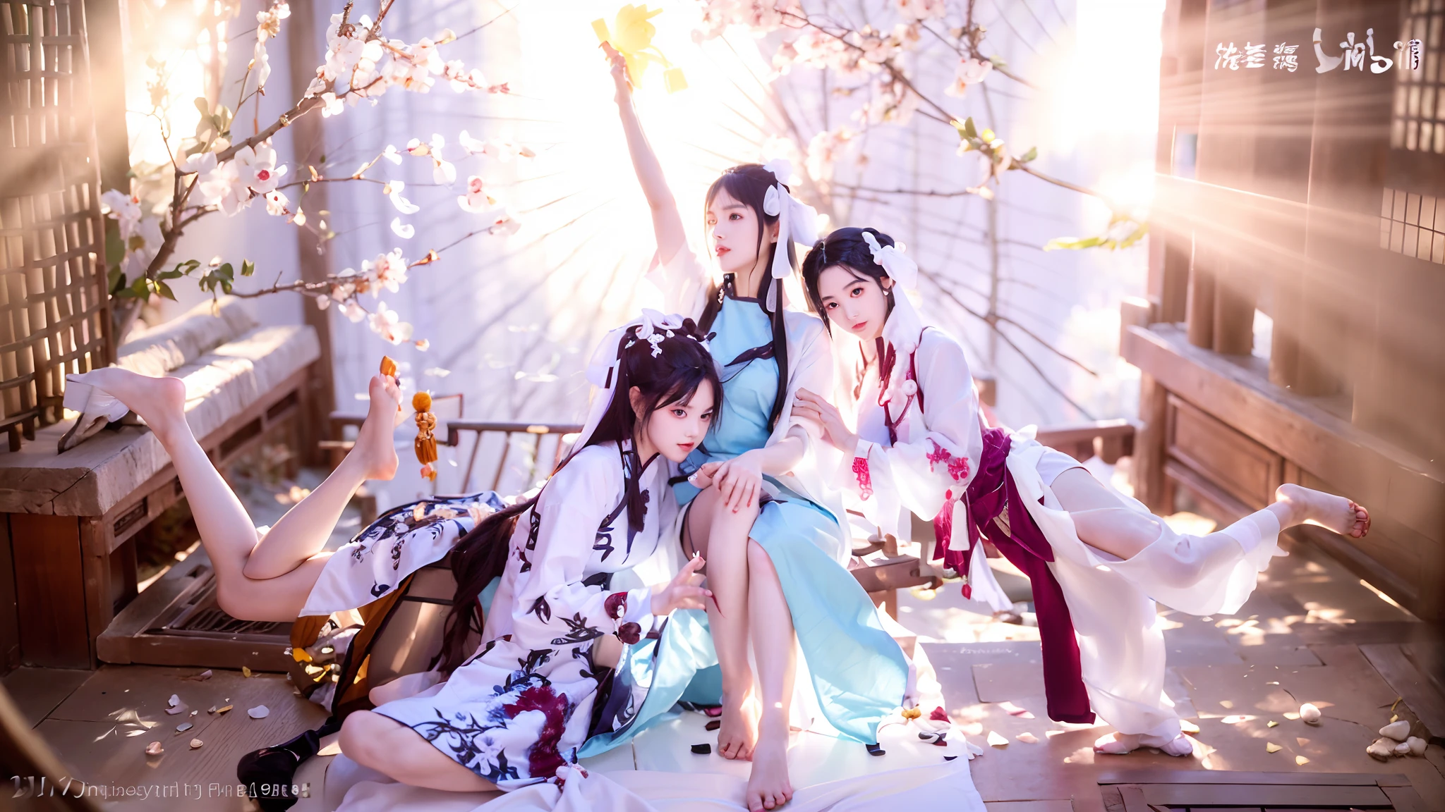 (jade foot，xianxia fantasy，White Hanfu, fantasy photoshoot, the feet, shaxi, inspired by Chen Yifei, triad of muses, Ancient Chinese clothes, swordsmen, full-body wuxia, bare-legged)