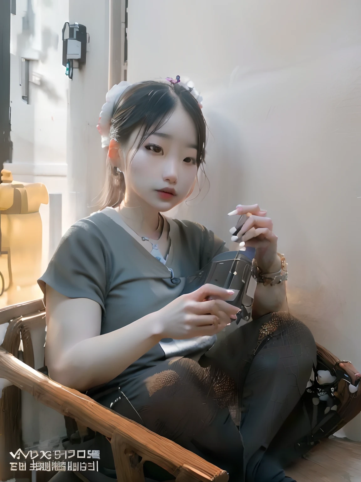 there is a woman sitting in a chair with a cell phone, chinese artist, A young Asian woman, she is holding a smartphone, An Asian woman, xintong chen, the woman holds more toys, 3 0 years old woman, 30 year-old woman, photograph of a woman, Chinese woman, jinyiwei, xiang duan, Young Asian woman