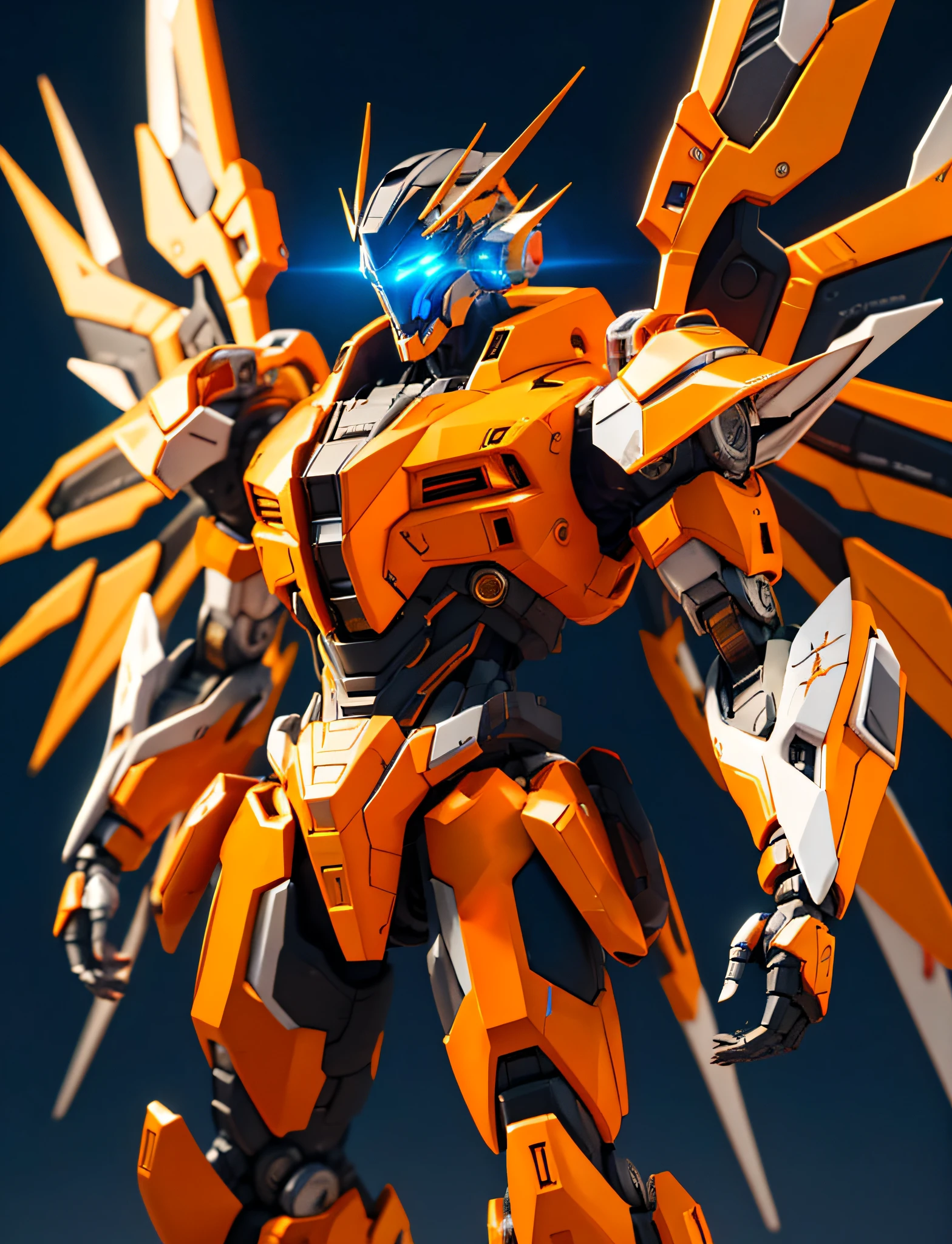 A robot modeled after a bee, high high quality, hyper-detailing,amarelo,orange colors,black in color, eBlue eyes, thrusters,arma,Light wings,wings, super fine illustrations, 独奏, GameCG, suzerain, Skysky, (Detailed beautiful face and eyes: 1.0), (Whole body morphology: 1.5), command spell, Mech boy, masks, mechanicalparts, robotjoints, fully armoured, (full bodyesbian: 1.5), glowing light eyes, mechs, fly,slim,It's fast,Mechanical wings,