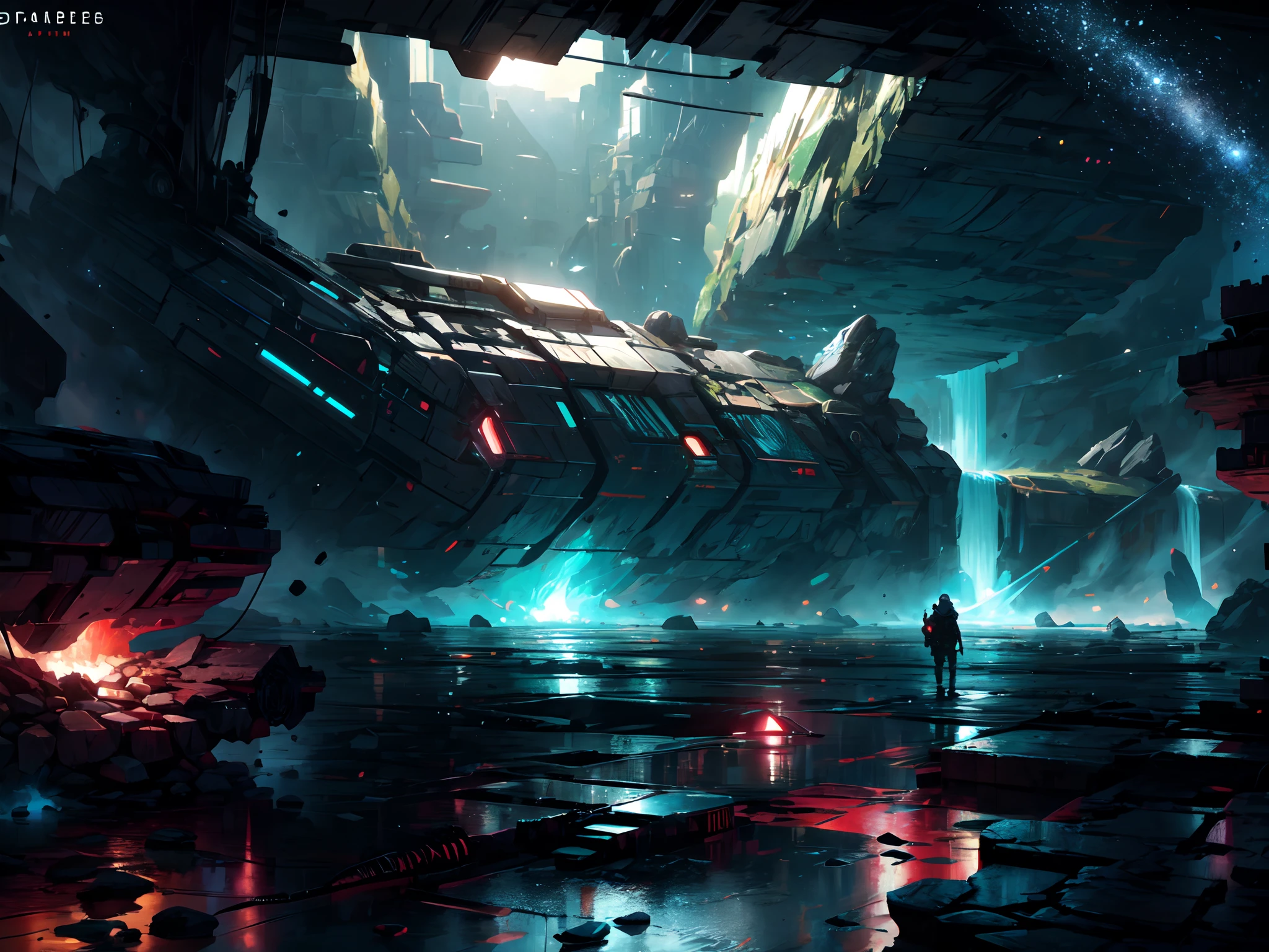 Draw a young female programmer, standing on a research platform floating in the middle of an asteroid belt, turn her back on viewers , from behind,surrounded by several asteroids glowing with fiery auras BREAK Dramatic lighting from distant stars and planets illuminates the scene, casting deep shadows on the suit, looking at the vast and mysterious universe with wonder and respect,BREAK,Detailed,Realistic,4k highly detailed digital art,octane render, bioluminescent, BREAK 8K resolution concept art, realism,by Mappa studios,masterpiece,best quality,official art,illustration,ligne claire,(cool_color),perfect composition,absurdres, fantasy,focused,rule of thirds
