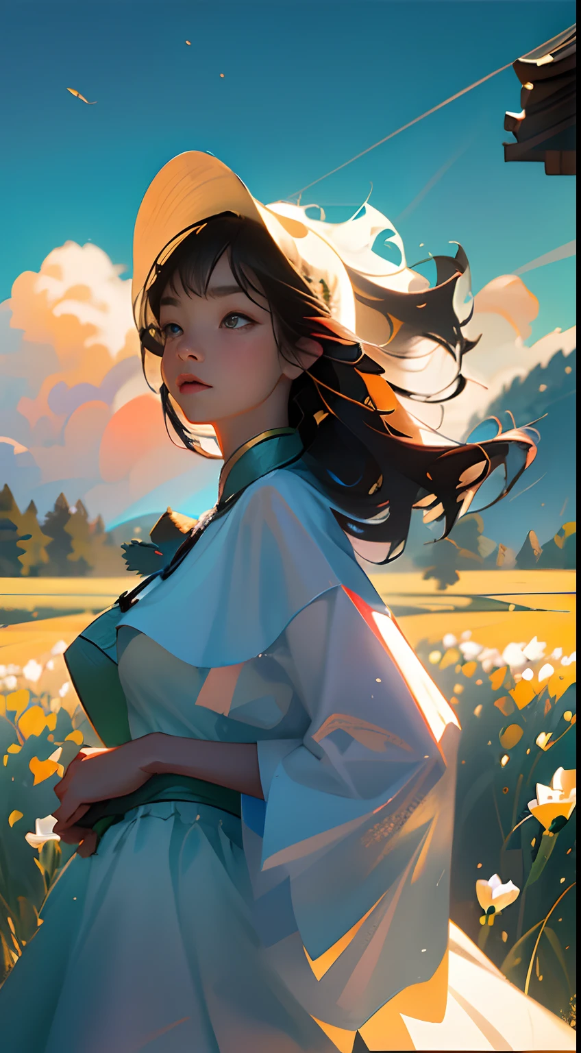 One wearing a baseball cap(Chinese girl:1.2)standing in a wheat field,(Extremely delicate and perfect depiction of the face),Wear a white dress,light fabrics,(Long black hair),Long silky hair,中景 the scene is,Endless golden wheat fields,blue-sky,Rolling white clouds,The vistas are trees and birds,Rice fields,There are neat rice seedlings in the field,ln the forest,hillside,Quiet,Rustic,(The setting sun shines obliquely through the clouds),(Extremely detailed picture depiction),high definition detail、Hyper-detailing、cinematic ligh、ultra-realistic realism、Soft light、Deep field focus bokeh、Ray tracing and surrealism,(octanerender),(8k wallpaper),(Noticeable light and shadow effects),(Light particle tracing),(White balance),(cinmatic lighting),(Masterpiece),(Master painting),realisticlying