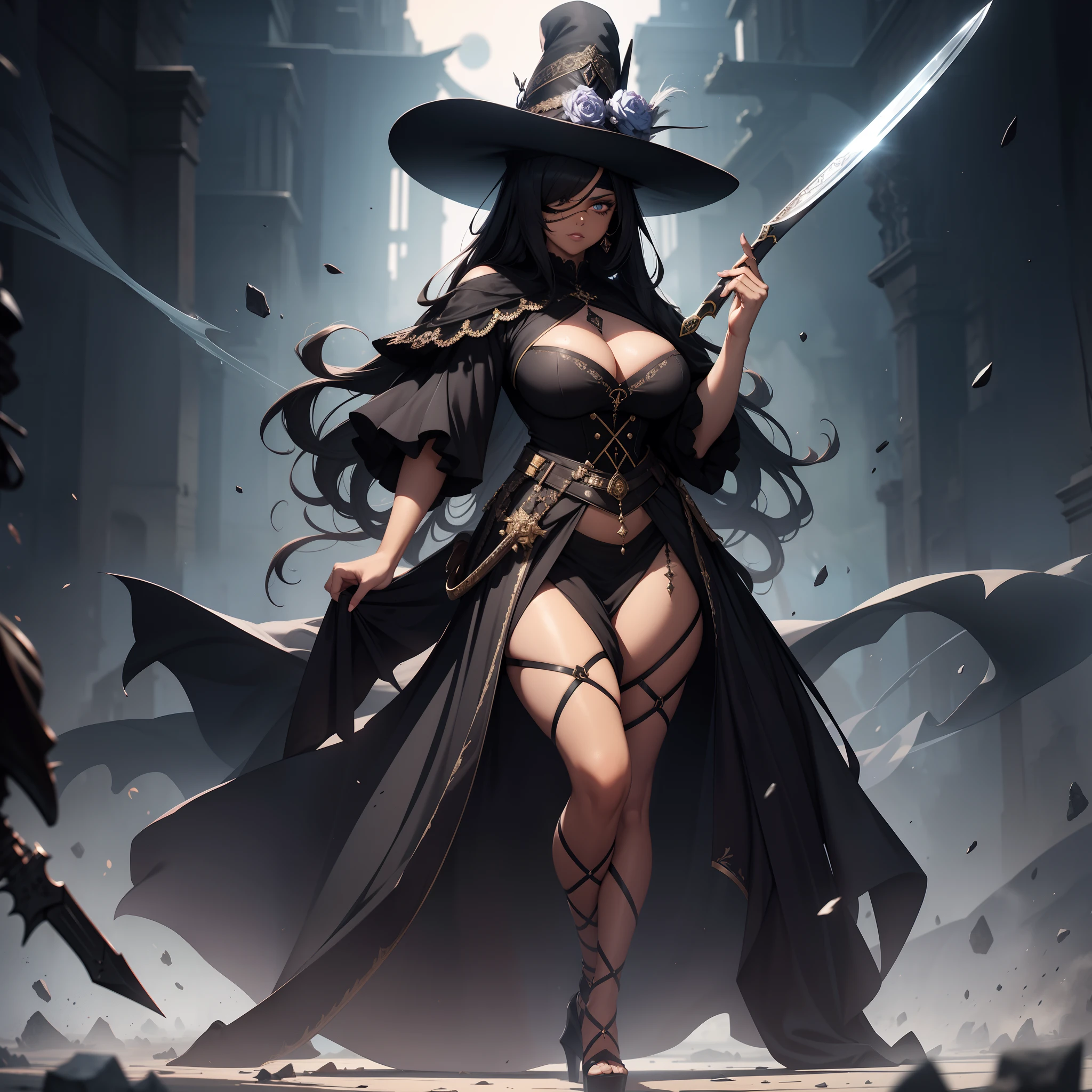 Large woman, Rulers of the black market, Brown-skinned, Aristocratic hat, Eye patch over one eye, Half moon knife, glaring eyes, High heel, Black aristocratic dress, Black tights, Fantasyart, full-body view, Splatter Watercolor, simple background, in 8K, masutepiece, Best Quality,
