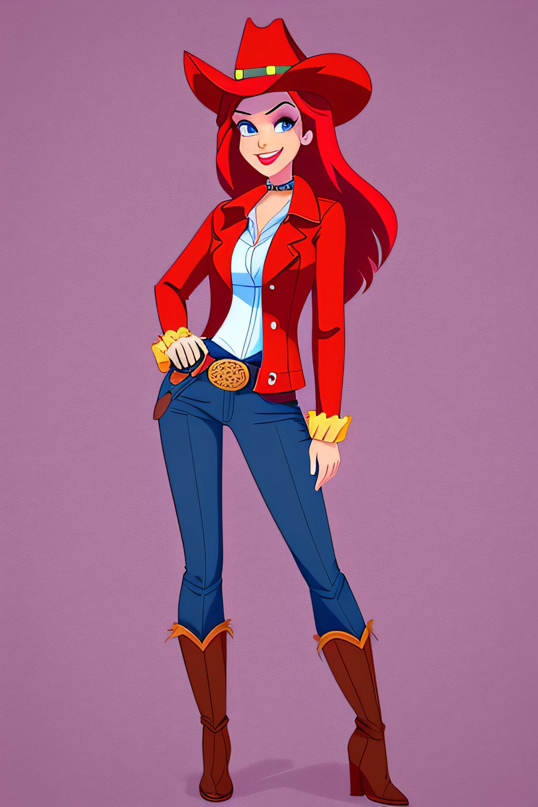 Illustration Disney-style 2D, cowgirl character like Jessica Rabbit character, full body illustration, wearing boots, fringed jacket and pants. --auto