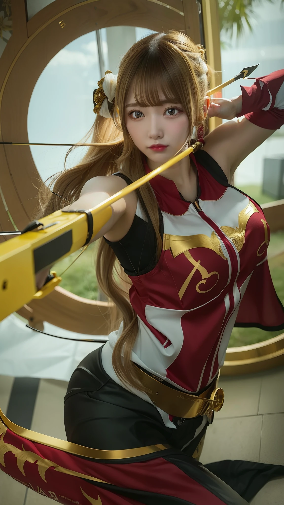 1 girl, long hair, gold hair, archery girl, red archery wear, yellow eyes, big breast, big bottom, ultra details, ultra high res, 8k,