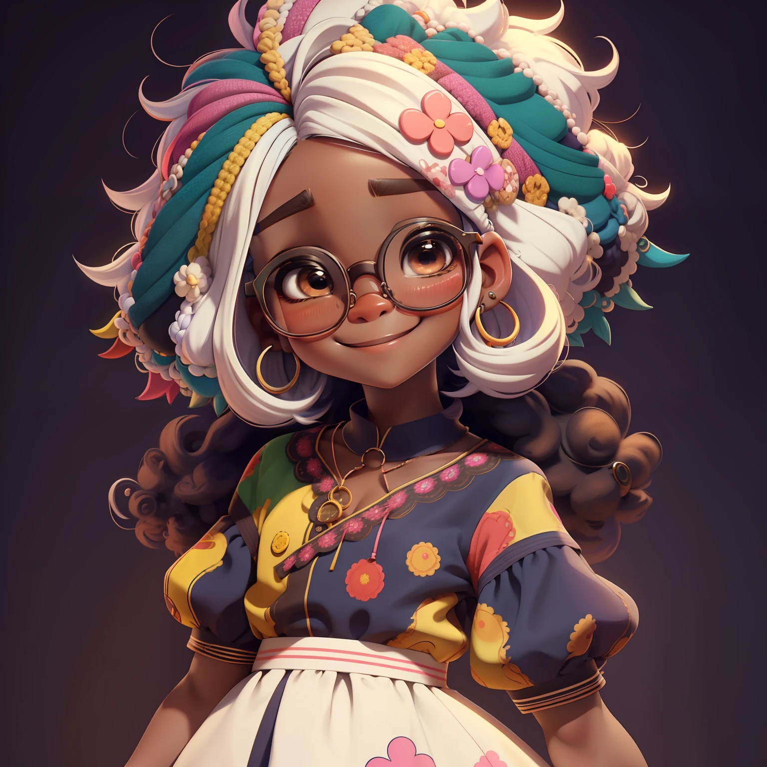 girl, cabelo afro multicolorido estilo de cabelo, multicolorido, Eyeglasses, sorriso e olhos delicados, vestido de noite extravagante, fundo simples, Melhor Qualidade