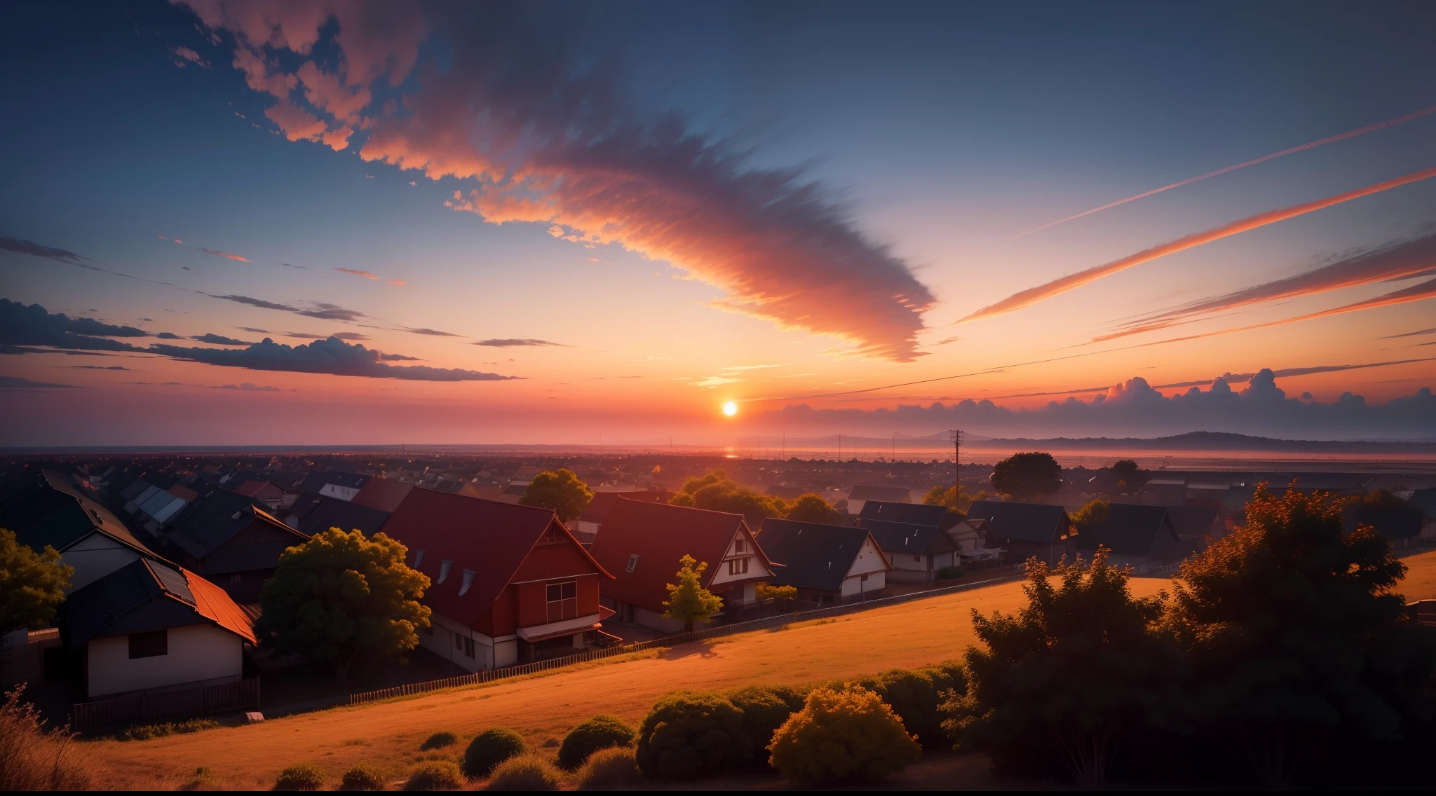 early evening,Burning clouds,夏天,setting sun,Cure,anime,Ghibli-like colours,illustrious,high qulity