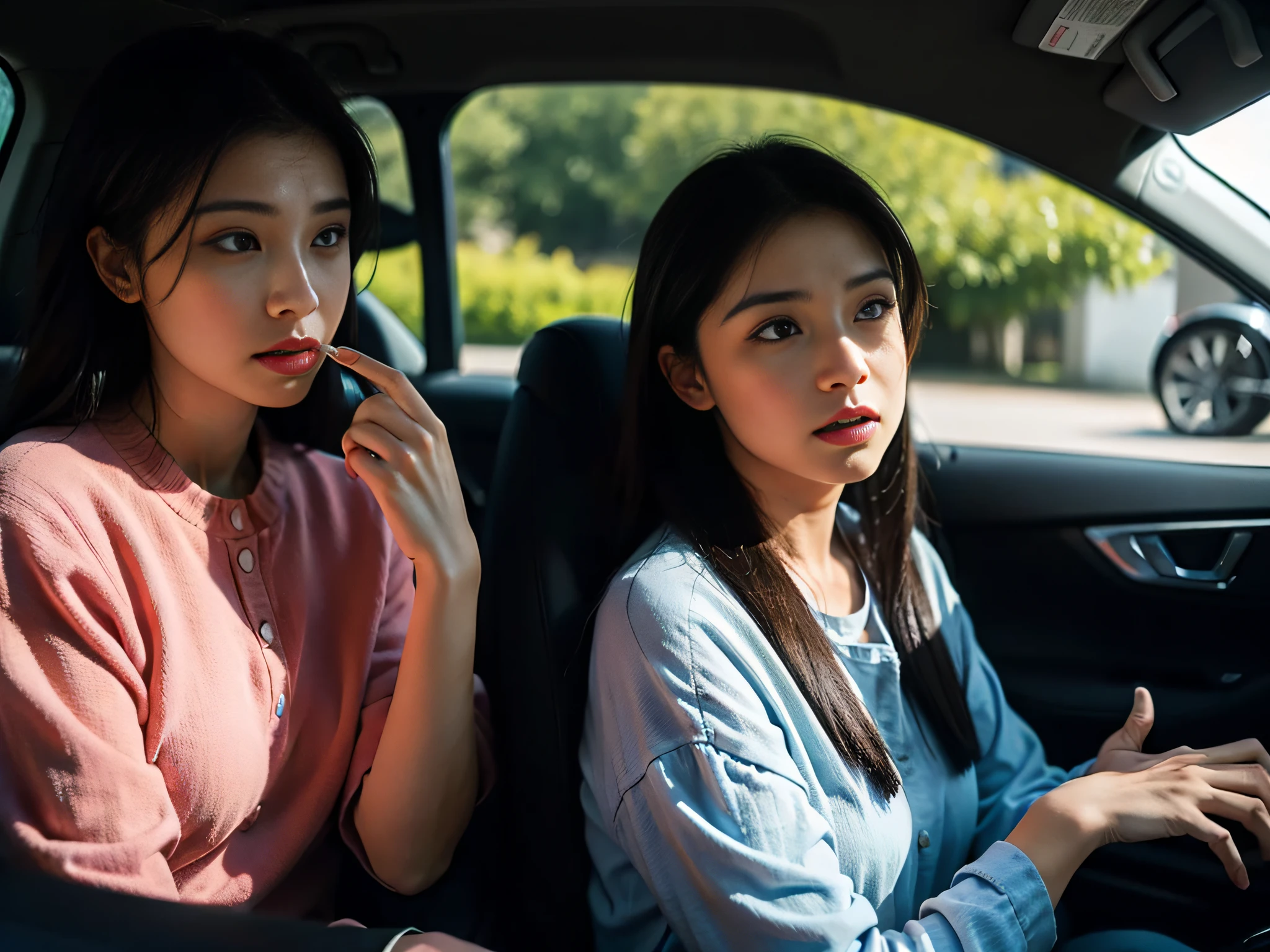 Two women sitting in the car talking,sface focus,Clear facial expressions