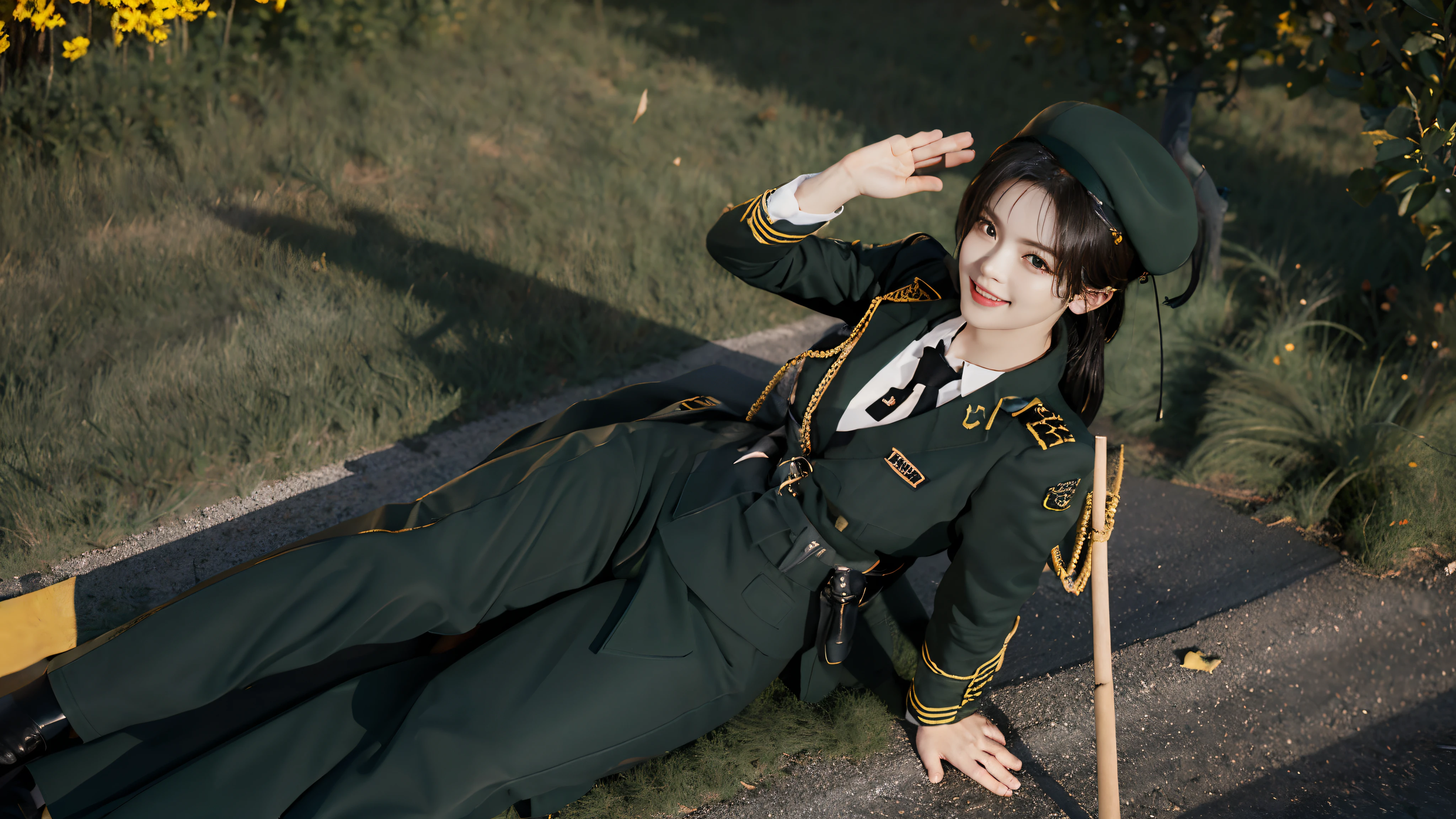 Usually detailed CG Unity 8K wallpaper，（tmasterpiece），（best qualtiy），（ultra - detailed），（Ultra photo realsisim），（best character detail：1.36），Nikon D750 f / 1.4 55mm，profesional lighting， physically-based renderingt, 1girll, Female soldier，army suit，Dark green military uniform，Fabric texture military uniform，Pure white lining，Dark green tie，bucket-hat，Black hair，the golden ratio,[:(com rosto detalhado:1.2):0.2]:，PureErosFace_V1, broad shoulder,(Bigchest:1.5),(big assa:1.5),(stick out buttocks:1.5)，Lying on the grass，Look back，red flags，In the square，Splendid scenery，bright sun，RAW photogr，photore， Flag of China，Night Street，lighting，Contre-Jour，Bright smile，White teeth，