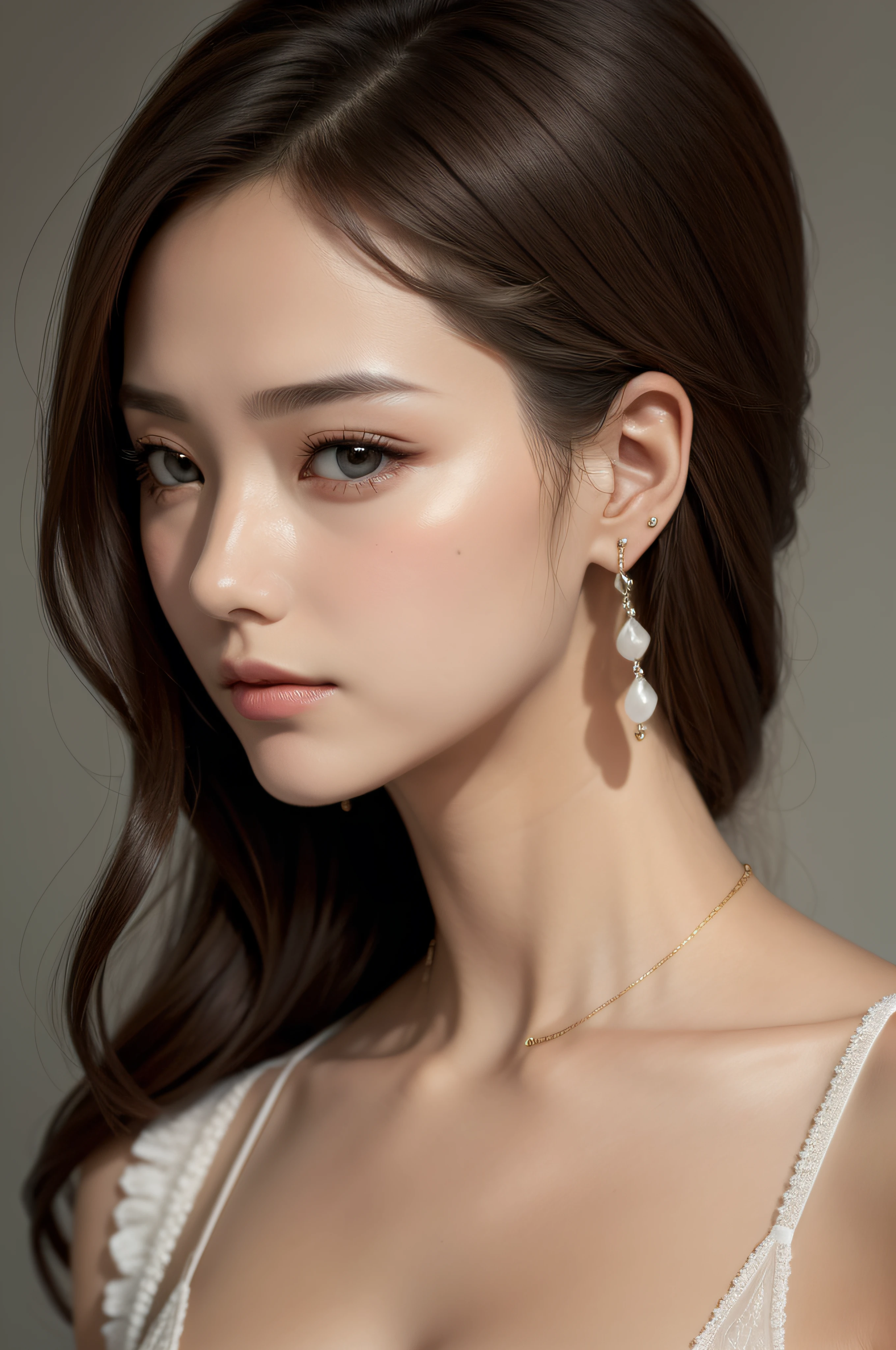 A pretty woman, delicate features directed gaze, Earrings