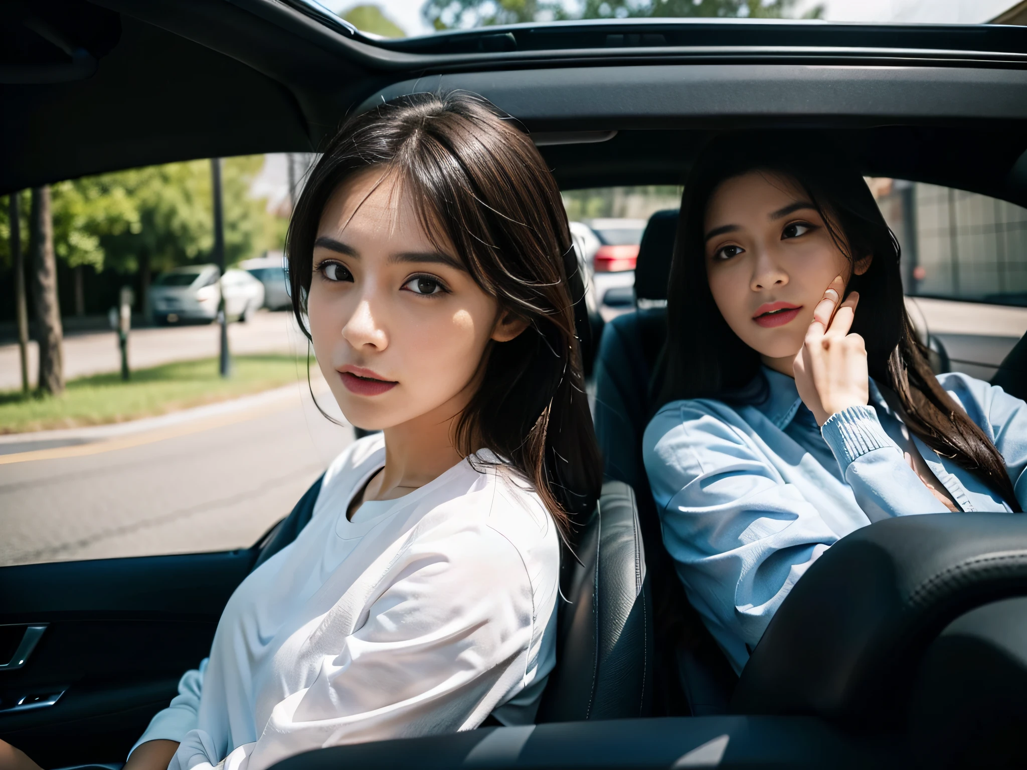 Two women sitting in the car talking,sface focus,Clear facial expressions