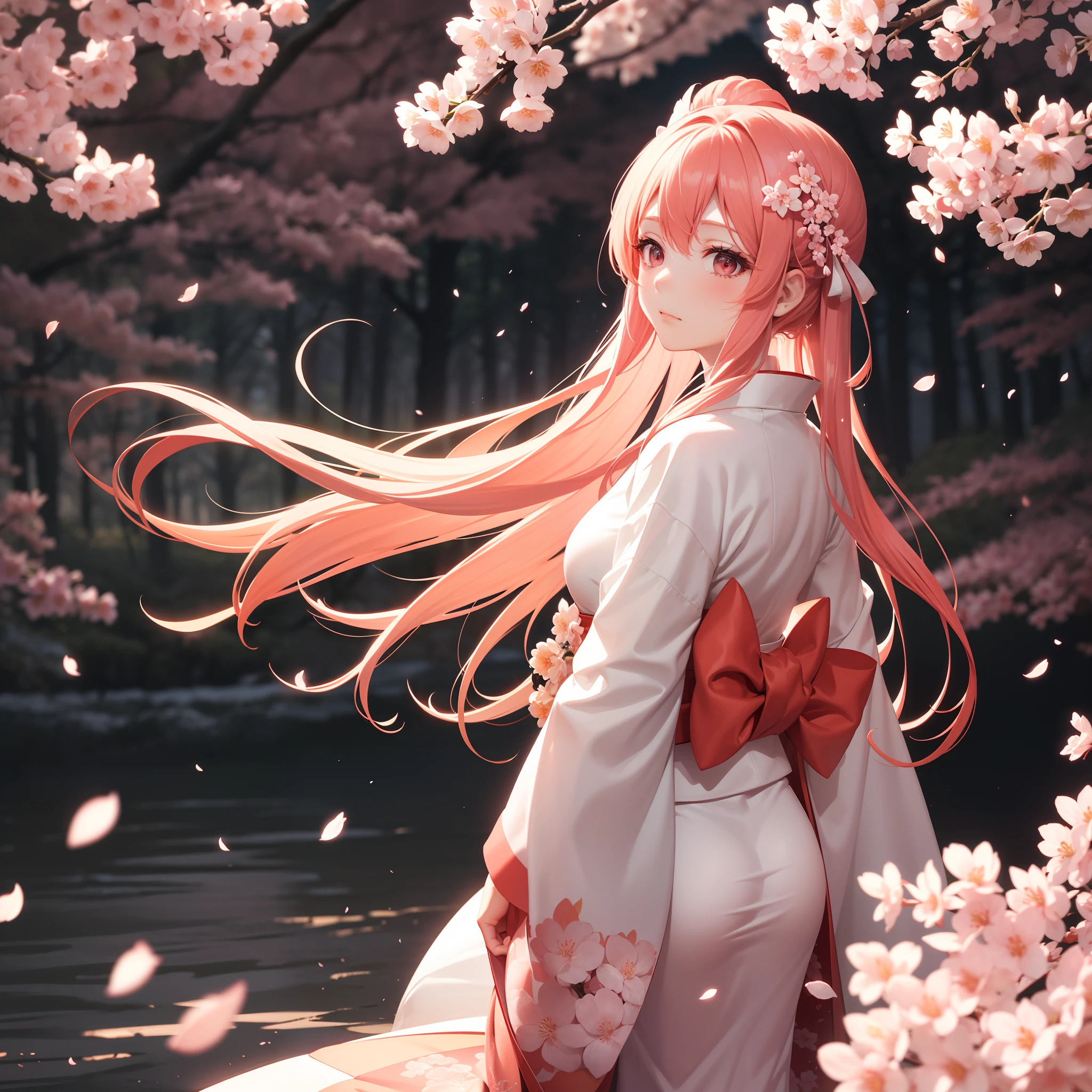 In the ethereal glow of dusk, amidst a forest where cherry blossom petals gracefully danced in the air, the Sakura Goddess stood. Her hair was a striking contrast, with half of it in black and the other half in a beautiful shade of peach. Dressed in a peach and white kimono, her expression bore an unmistakable sadness.