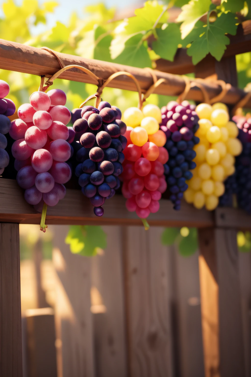 grapes,A long list of connections,Colorful grapes,Hang on the fence of the yard,colorful,There are many of them,the detail,k hd,realisticlying,best qualtiy