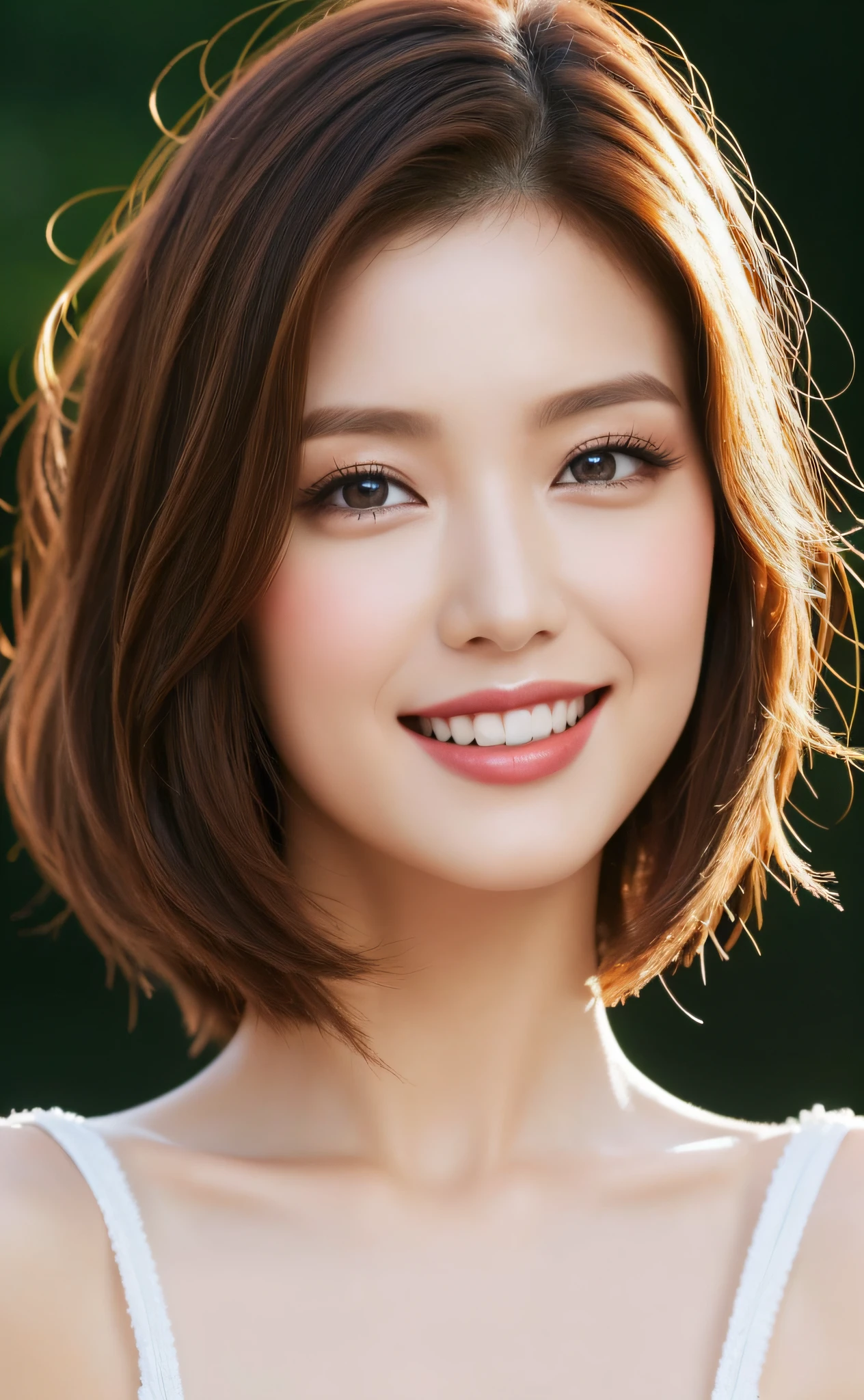 (CG unity (extreme) detail 8k wallpaper, masterpiece, best quality:1.2), High detail, Best image quality, a stunning landscape, surreal, Beautiful Women with Perfect Figure, a realistic woman, a beauty woman, a young woman, lipsticks, Peerless beauty, short shoulder hair (yellow) curly hair, Intense and beautiful makeup, Exquisite and perfect facial features, the most beautiful big eyes, Be red in the face, smile, huge breasts, cleavage, dynamic angle, beautiful, sexy, body stunning figure, perfect body beauty, full body, stylish, slim waist, bare shoulder, very detailed facial and skin structure, Fair skin, harmonious facial details, fair skin, glittery eyes, soulful eyes, pretty eyes, Double eyelids, Get close to the viewer, camera angle, Half Shirt, city view