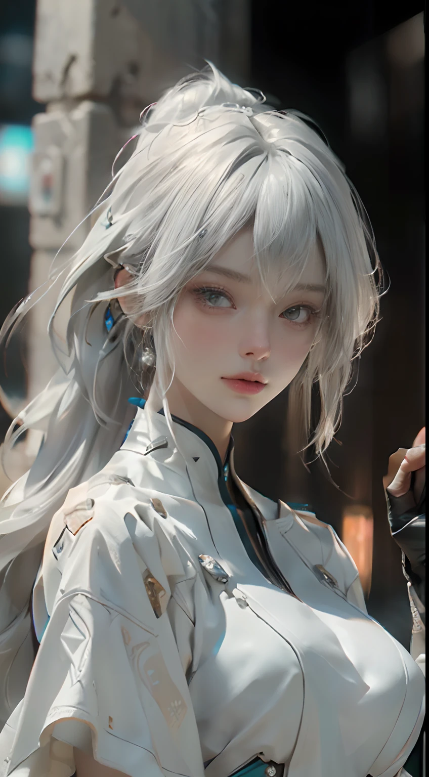 ((Best Quality)), ((Masterpiece)), (Detail: 1.4), 3D, A Beautiful Cyberpunk Female Figure, Long White and Bonde Hair, HDR (High Dynamic Range), Ray Tracing, NVIDIA RTX, Super-Resolution, Unreal 5, Subsurface Scattering, PBR Textures, Post Processing, Anisotropic Filtering, Depth of Field, Maximum Sharpness and Sharpness, Multi-layer Textures, Albedo and Highlight Maps, Surface Shading, Accurate simulation of light-material interactions, perfect proportions, Octane Render, two-color light, large aperture, low ISO, white balance, rule of thirds, 8K RAW,