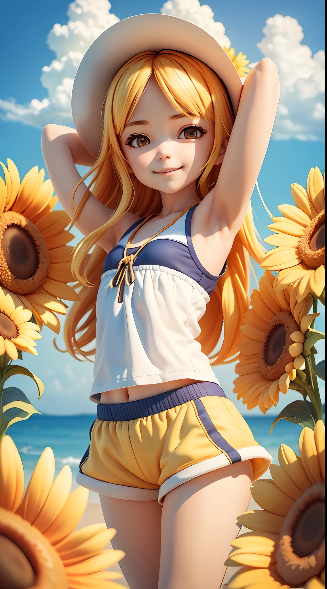 Summer clouds, sun flowers frames the image, symmetric composition, sunny weather ,sky, sunny, colorful, happy and happy summer vacation, simple picture, close-up, brilliant sunshine, distant waves, visual impact, 3D DreamWorks style, girl, in shorts