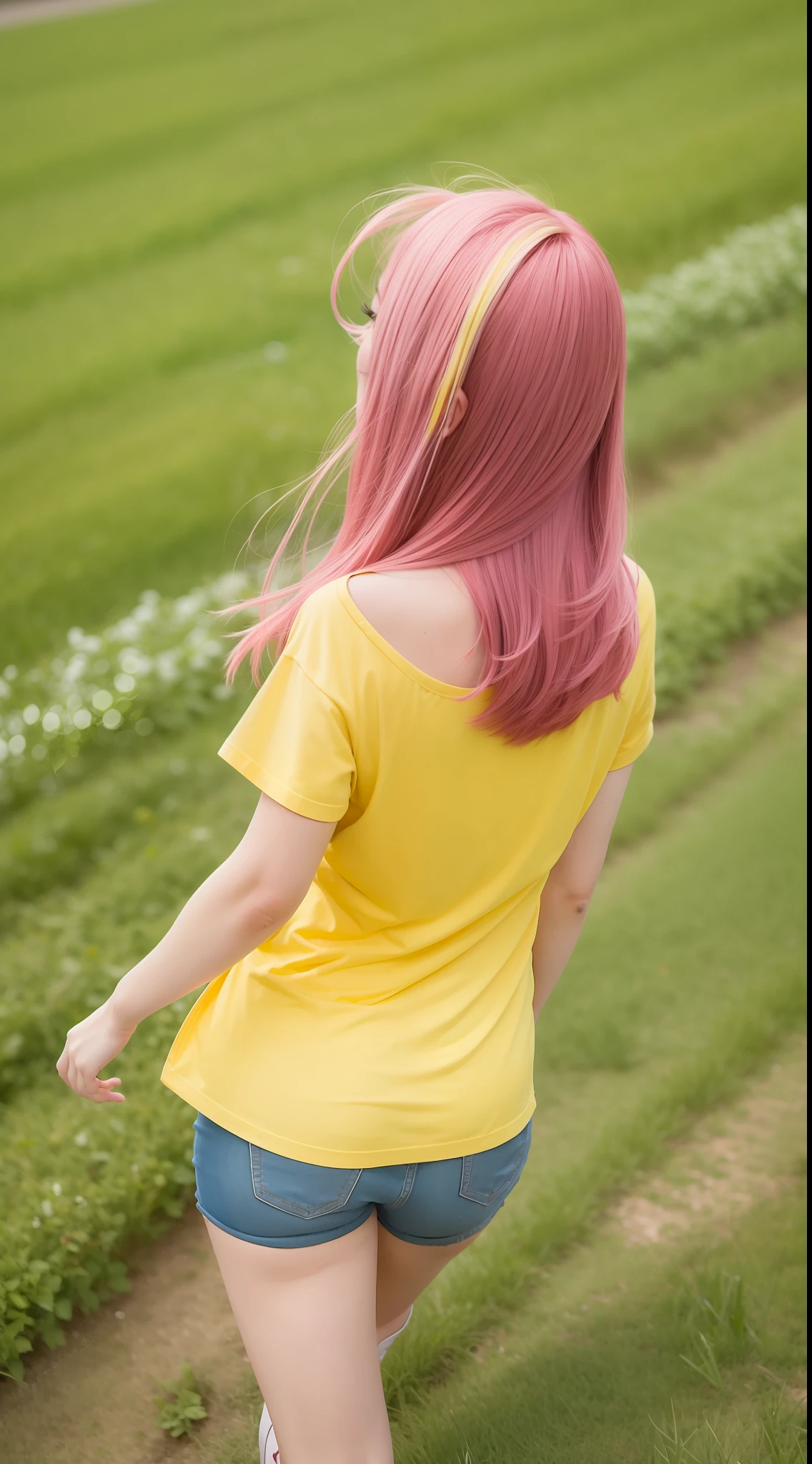 Pink-haired woman+back+Yellow-haired woman+Cheerful pace in the field