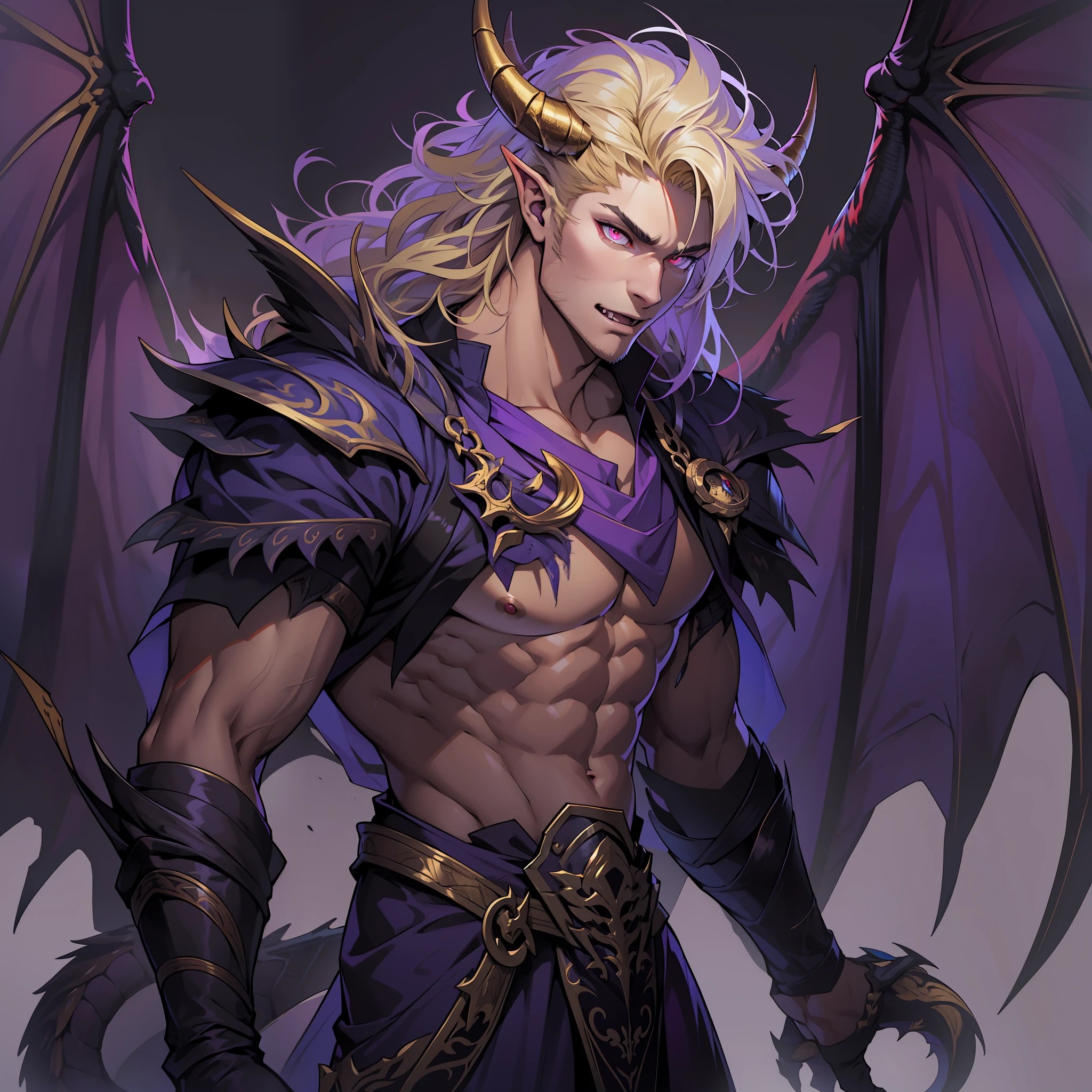 Dragon with black scales and long talons. Horns. Golden eyes. Huge wings. soft eyes. Dragon in human form. Lomg hair. Blonde hair. Red eyes. Roman nose. Fangs. Soft expression. Soft look. Tall muscular male. Purple attire. Purple clothes. 1 male. One male.