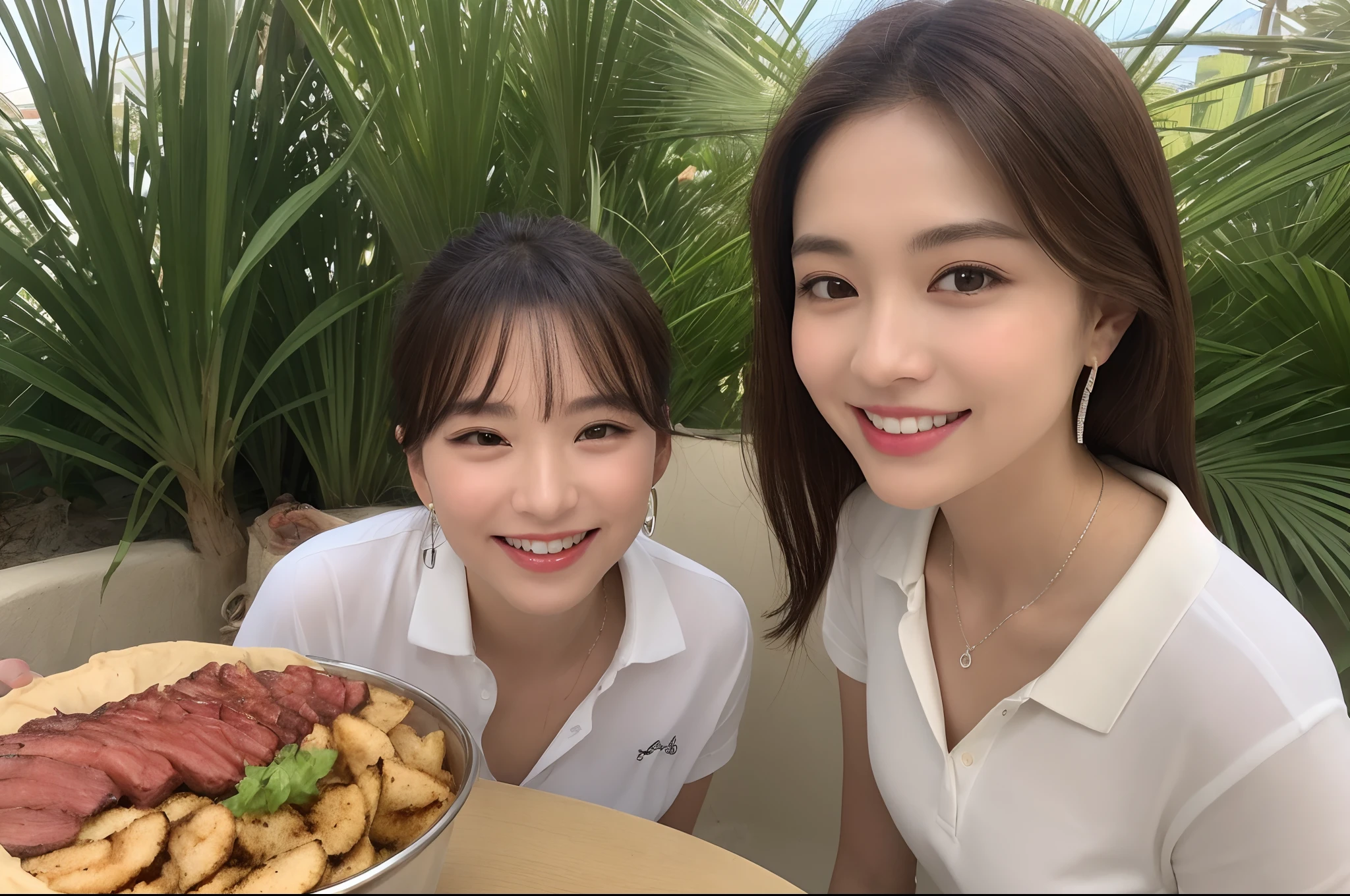 ((top-quality、in 8K、masterpiece:1.3、超A high resolution))、Clear focus:1.2、A Japanese Lady、1人、((dark brown hair))、(White polo shirt、denim)、Super fine face、A detailed eye、Narrow-eyed、二重まぶた、Reddish cheeks、Detailed skin、a smile、Silver earrings、Silver necklace、looking in camera、(BBQ:1.4、Eating:1.1)、(the beach、Daytime)、natural soft light、BBQ