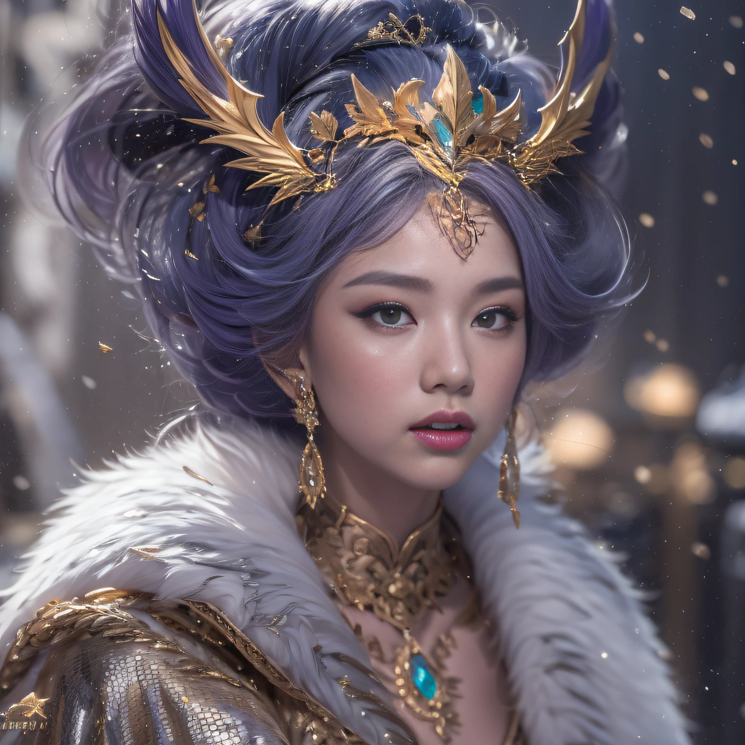 16k（tmasterpiece，k hd，hyper HD，16k）short detailed hair，Gold jewelry area in the back room，King Girl ，Silver Dragon Protector （realisticlying：1.4），Python pattern robe，Purple-pink tiara，Snowflakes fluttering，The background is pure，Hold your head high，Be proud，The nostrils look at people， A high resolution， the detail， RAW photogr， Sharp Re， Nikon D850 Film Stock Photo by Jefferies Lee 4 Kodak Portra 400 Camera F1.6 shots, Rich colors, ultra-realistic vivid textures, Dramatic lighting, Unreal Engine Art Station Trend, cinestir 800，Hold your head high，Be proud，The nostrils look at people