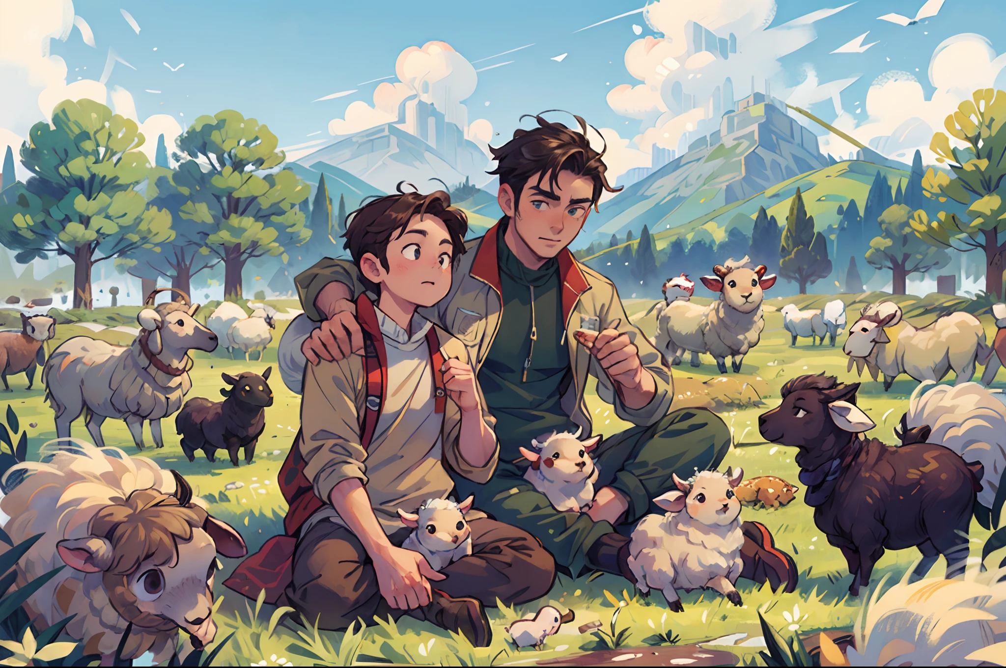 (((best quality)))), masterpiece. 1male, sheep, A man watching over his flock of sheep. At that time the sheep called to him. From their wormy bellies, as they
Lay bloating in the field. He was
A pastoralist,
The schoolhouse hardly handsize
In a sky of flax.