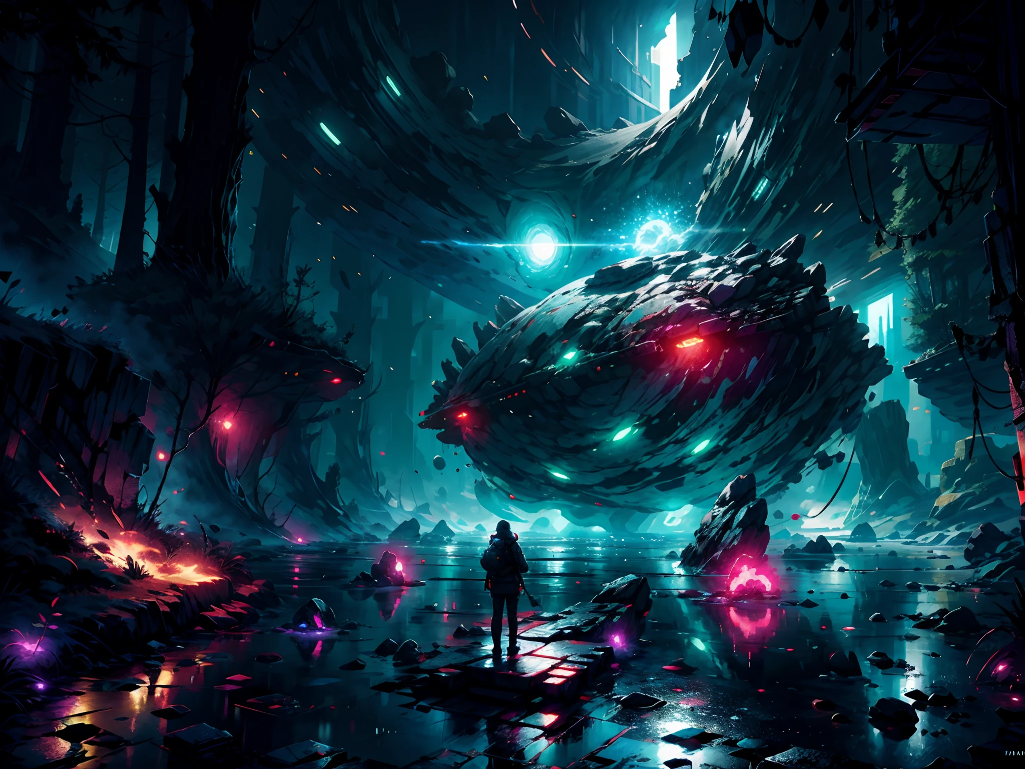 Draw a young female programmer, standing on a research platform floating in the middle of an asteroid belt, turn her back on viewers , from behind,surrounded by several asteroids glowing with fiery auras BREAK Dramatic lighting from distant stars and planets illuminates the scene, casting deep shadows on the suit, looking at the vast and mysterious universe with wonder and respect,BREAK,Detailed,Realistic,4k highly detailed digital art,octane render, bioluminescent, BREAK 8K resolution concept art, realism,by Mappa studios,masterpiece,best quality,official art,illustration,ligne claire,(cool_color),perfect composition,absurdres, fantasy,focused,rule of thirds