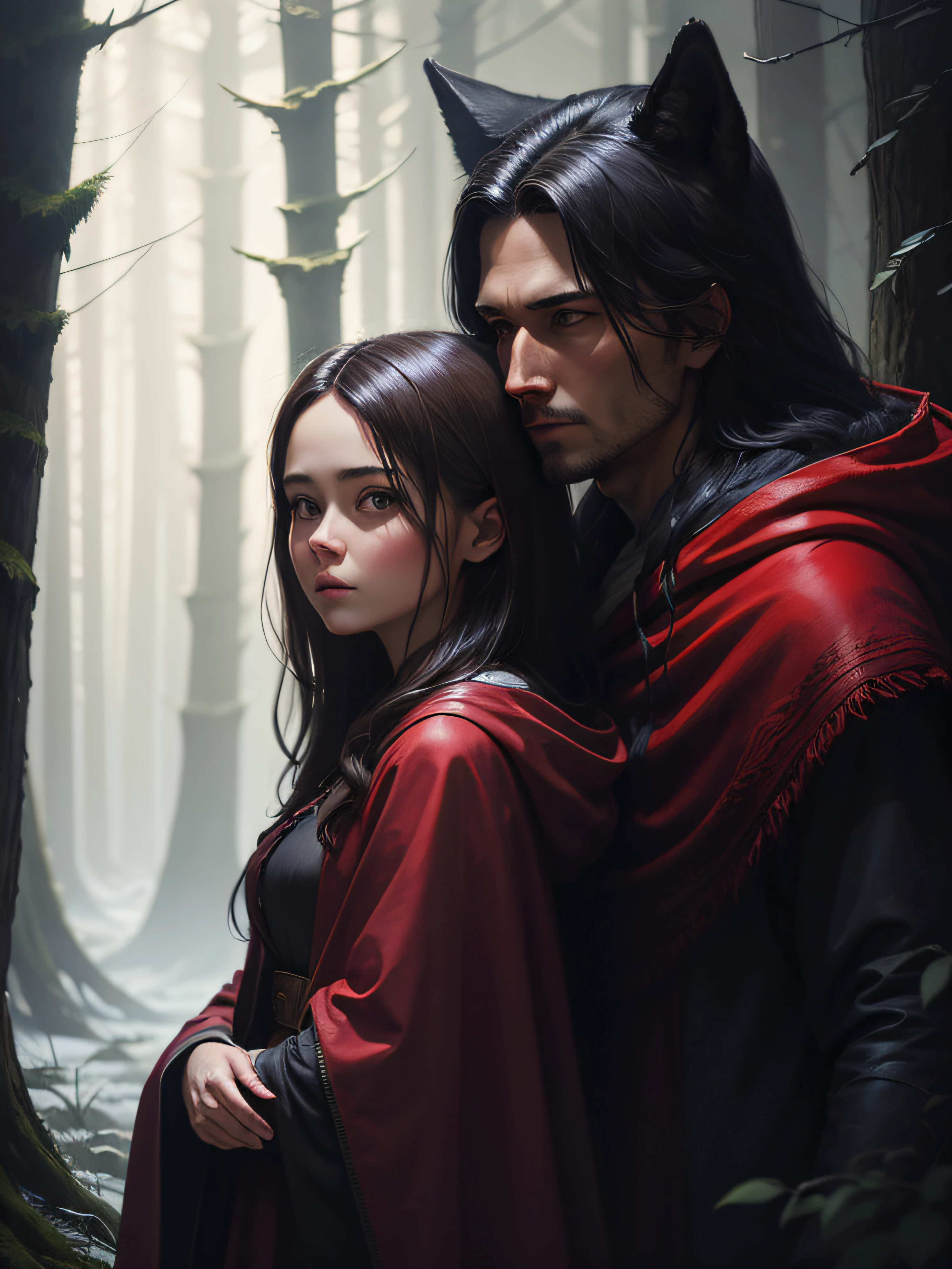 The Girl in the Red Cloak with the Wolf in the Dark Forest detailed digital painting, a photorealistic painting, art photography