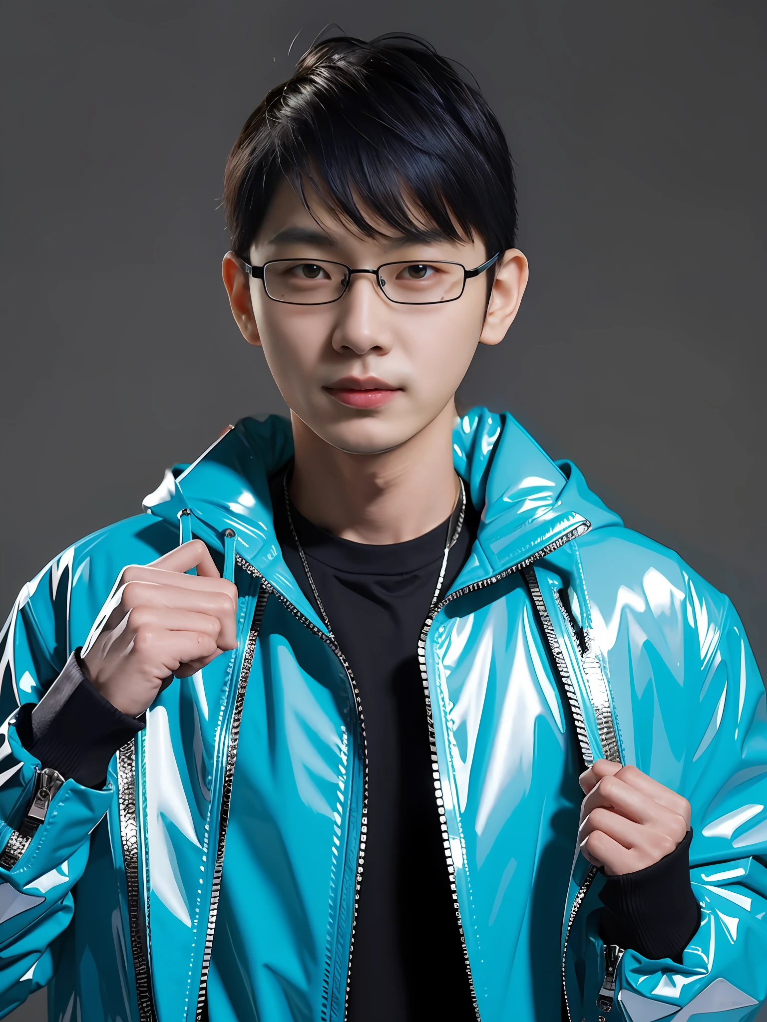 1boys，high high quality，Wear a PVC Tiffany blue jacket，Zippered hood，cyber punk perssonage，