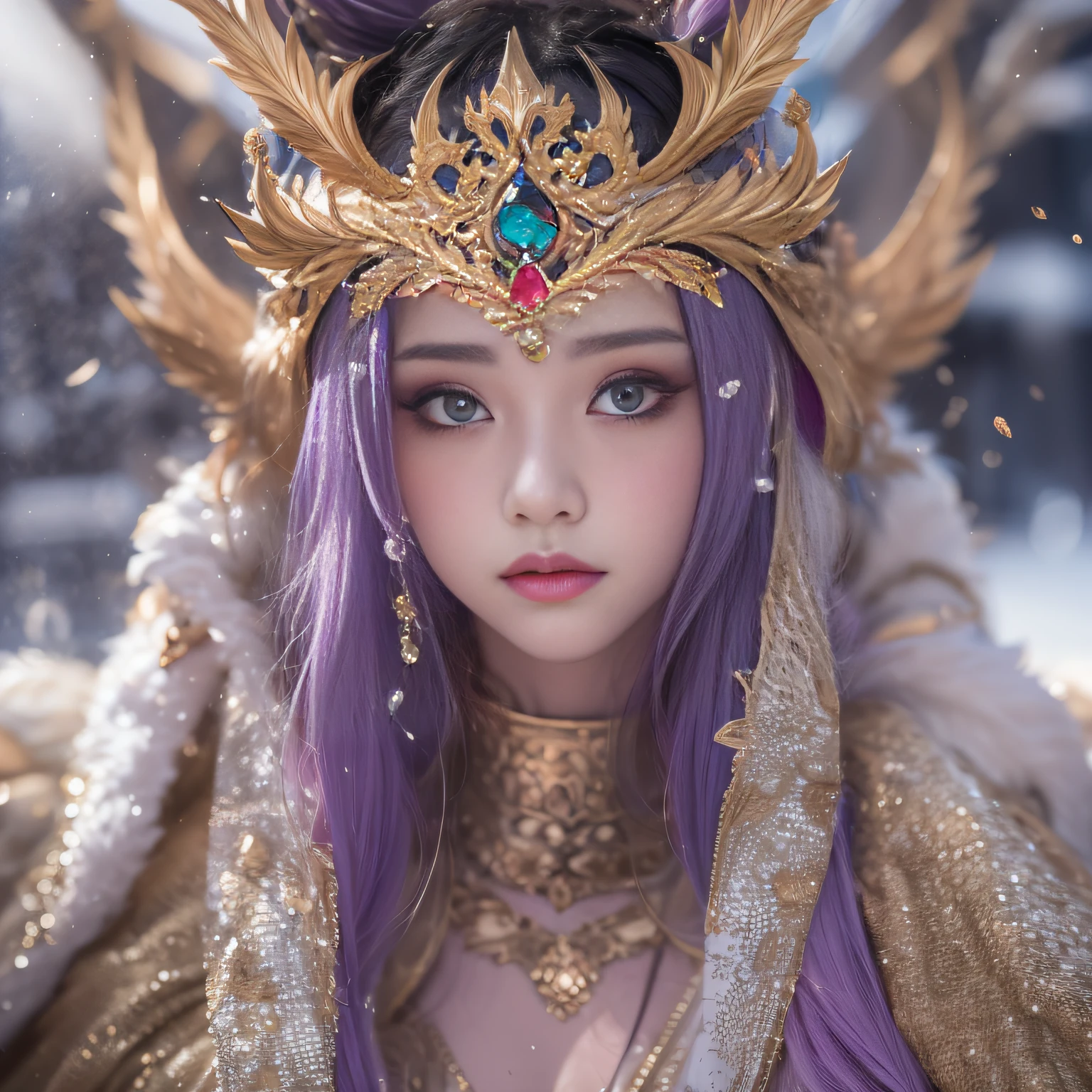 16k(tmasterpiece,k hd,hyper HD,16k)short detailed hair,Gold jewelry area in the back room,King Girl ,Silver Dragon Protector (realisticlying:1.4),Python pattern robe,Purple-pink tiara,Snowflakes fluttering,The background is pure,Hold your head high,Be proud,The nostrils look at people, A high resolution, the detail, RAW photogr, Sharp Re, Nikon D850 Film Stock Photo by Jefferies Lee 4 Kodak Portra 400 Camera F1.6 shots, Rich colors, ultra-realistic vivid textures, Dramatic lighting, Unreal Engine Art Station Trend, cinestir 800,Hold your head high,Be proud,The nostrils look at people