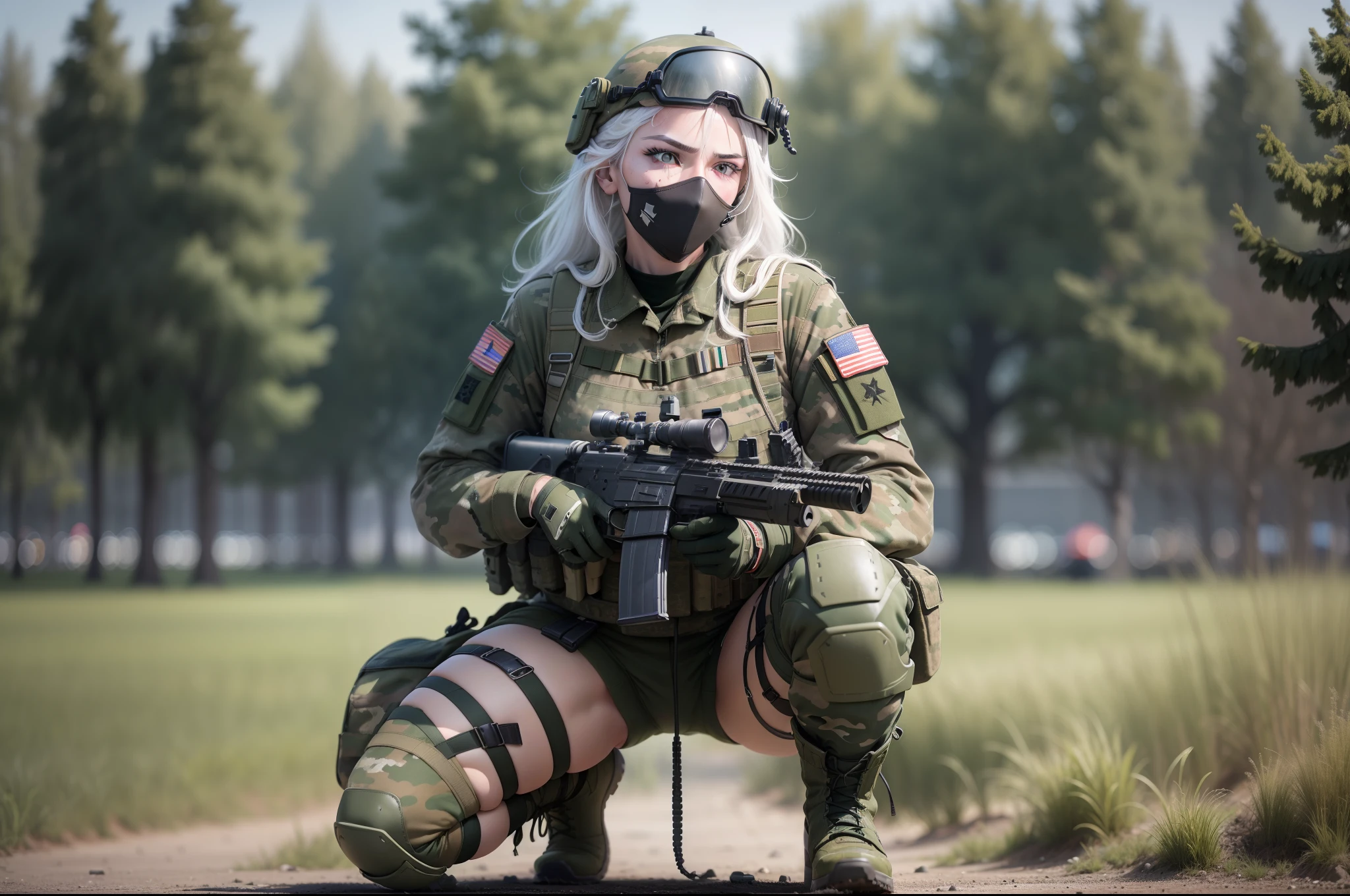 (Long white hair, Braided in two braids: 1.4), ((sharp jawline)) Red detailed eyes, Sharp pupils, Realistic pupils, ((Very muscular body with small tits)), very angry expression, bared his teeth, (Russian special forces, military uniform, green camouflage, Military helmet, Tactical uniforms, Military boots, unloading, Knee pads, elbow pads, Tactical Mask, Soldier Girl: 1.3), hande, holding a machine gun, automatic rifle, arma, tactical stance standing on one knee, Sexy, Realistic, photoshooting, Professional, High contrast, on the lawn in the park,