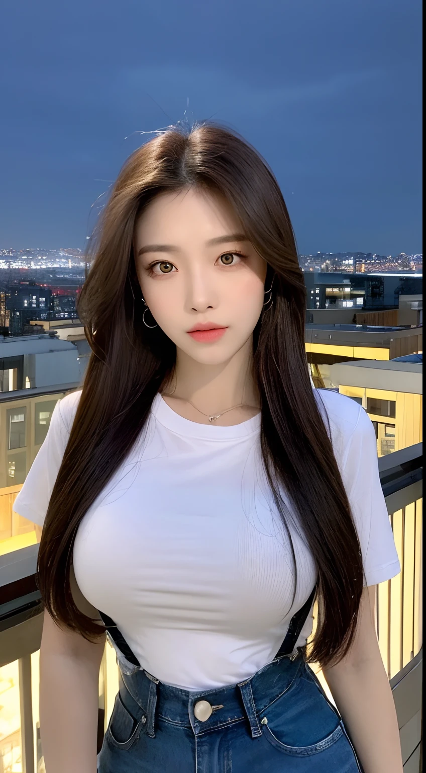 ((Midnight, Best quality, 8k, Masterpiece :1.3)), Whole body, Long legs, Sharp focus :1.2, A pretty woman with perfect figure :1.4, Slender abs :1.1, ((Dark brown hair, Big breasts :1.2)), (White tight tshirt, Jean bib, Standing:1.2), ((Night city view, Rooftop:1.3)), Highly detailed face and skin texture, Detailed eyes, Double eyelid