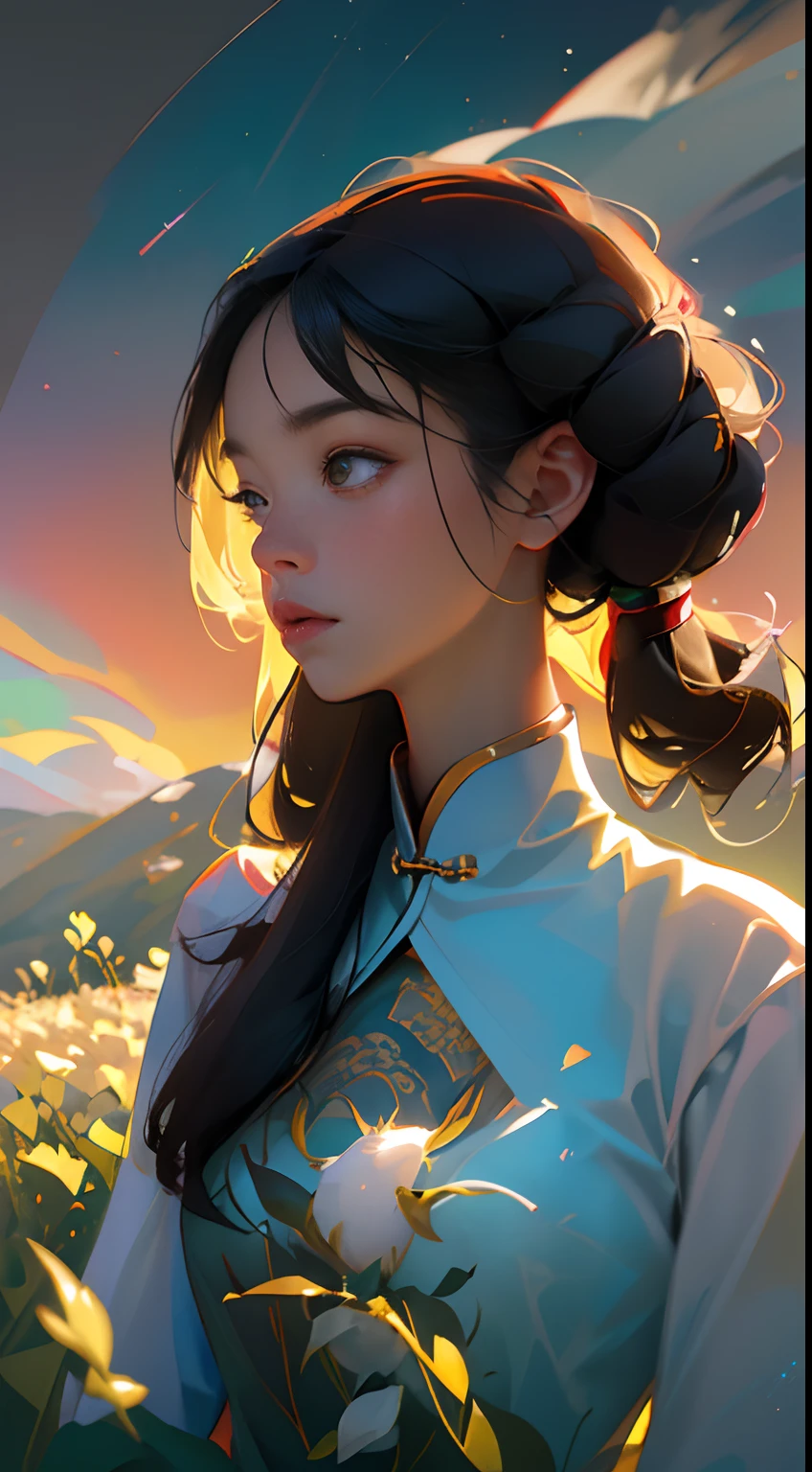 an Quority(Chinese girl:1.2)standing in a wheat field,(Extremely delicate and perfect facial depiction),Wear a white dress,light fabrics,(Long black hair),Long silky hair,中景 the scene is,Endless golden wheat fields,blue-sky,Rolling white clouds,The vistas are trees and birds,Rice fields,There are neat rice seedlings in the field,ln the forest,hillside,Quiet,Rustic,(The setting sun shines obliquely through the clouds),(Extremely detailed picture depiction),high definition detail、Hyper-detailing、cinematic ligh、ultra-realistic realism、Soft light、Deep field focus bokeh、Ray tracing and surrealism,(octanerender),(8k wallpaper),(Noticeable light and shadow effects),(Light particle tracing),(White balance),(cinmatic lighting),(Masterpiece),(Master painting),realisticlying
