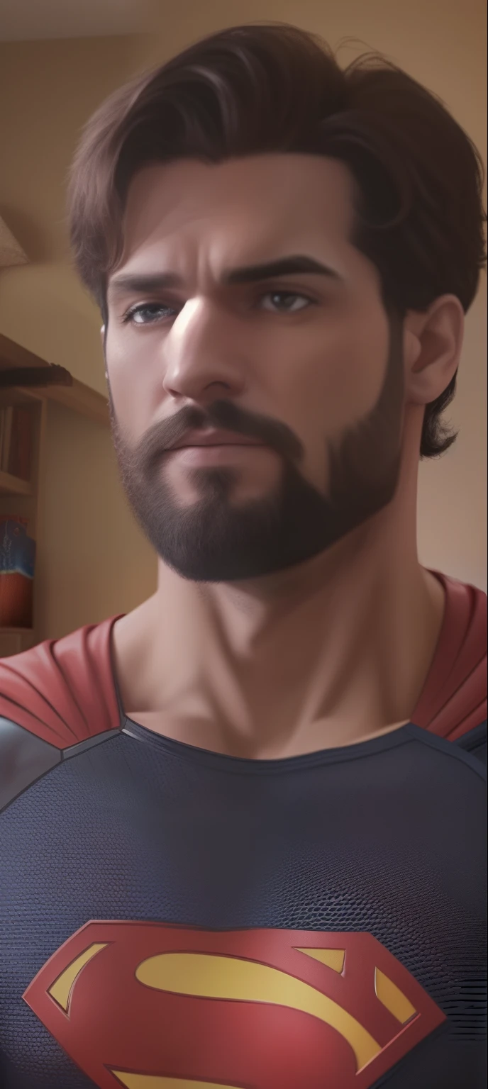 Superman with beard, same realistic accurate face, change background, handsome looking