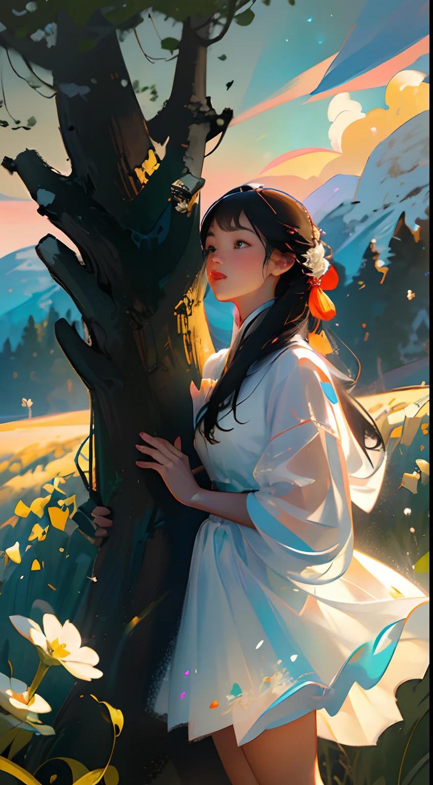 an Quority(Chinese girl:1.2)standing in a wheat field,(Extremely delicate and perfect facial depiction),Wear a white dress,light fabrics,(Long black hair),Long silky hair,中景 the scene is,Endless golden wheat fields,blue-sky,Rolling white clouds,The vistas are trees and birds,Rice fields,There are neat rice seedlings in the field,ln the forest,hillside,Quiet,Rustic,(The setting sun shines obliquely through the clouds),(Extremely detailed picture depiction),high definition detail、Hyper-detailing、cinematic ligh、ultra-realistic realism、Soft light、Deep field focus bokeh、Ray tracing and surrealism,(octanerender),(8k wallpaper),(Noticeable light and shadow effects),(Light particle tracing),(White balance),(cinmatic lighting),(Masterpiece),(Master painting),realisticlying