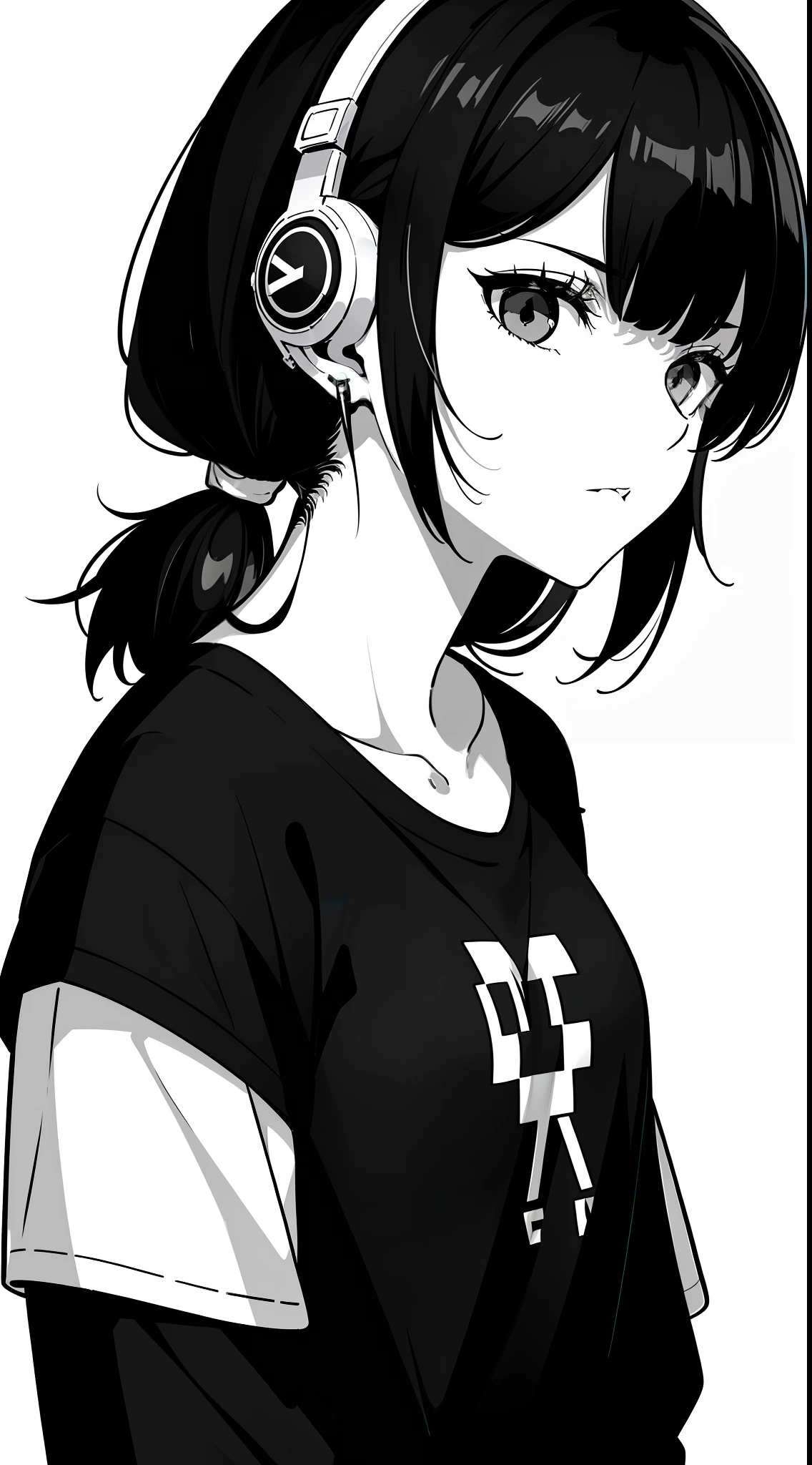 girl, side portrait, black and white, messy short hair, edgy accessories,sporty style, casual t-shirt, confident gaze, monochrome color scheme, looking to the side, chic street fashion, casual hands in pockets pose,head,((a person)),Over-ear headphones, large ear cups,Luxurious long hair