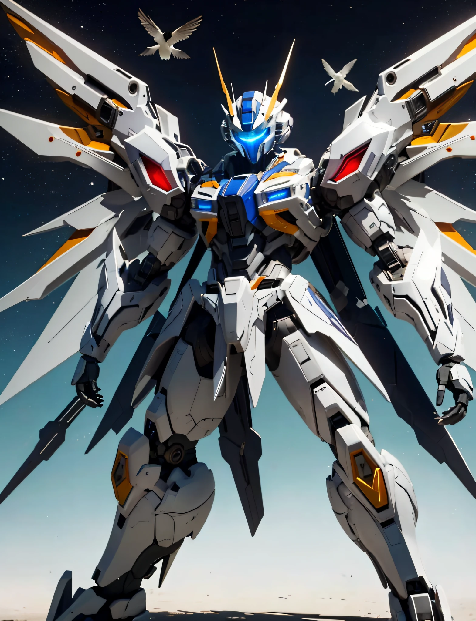 A robot modeled after a swallow, high high quality, hyper-detailing,white colors,Black predominantly, thrusters,arma,Light wings, super fine illustrations, GameCG, suzerain, Skysky, (Detailed beautiful face and eyes: 1.0), (Whole body morphology: 1.5), command spell, Mech boy, Masks, mechanicalparts, robotjoints,fully armoured,whole body display, glowing light eyes, mechs, flying birds,Slim,It's fast,Mechanical wings,