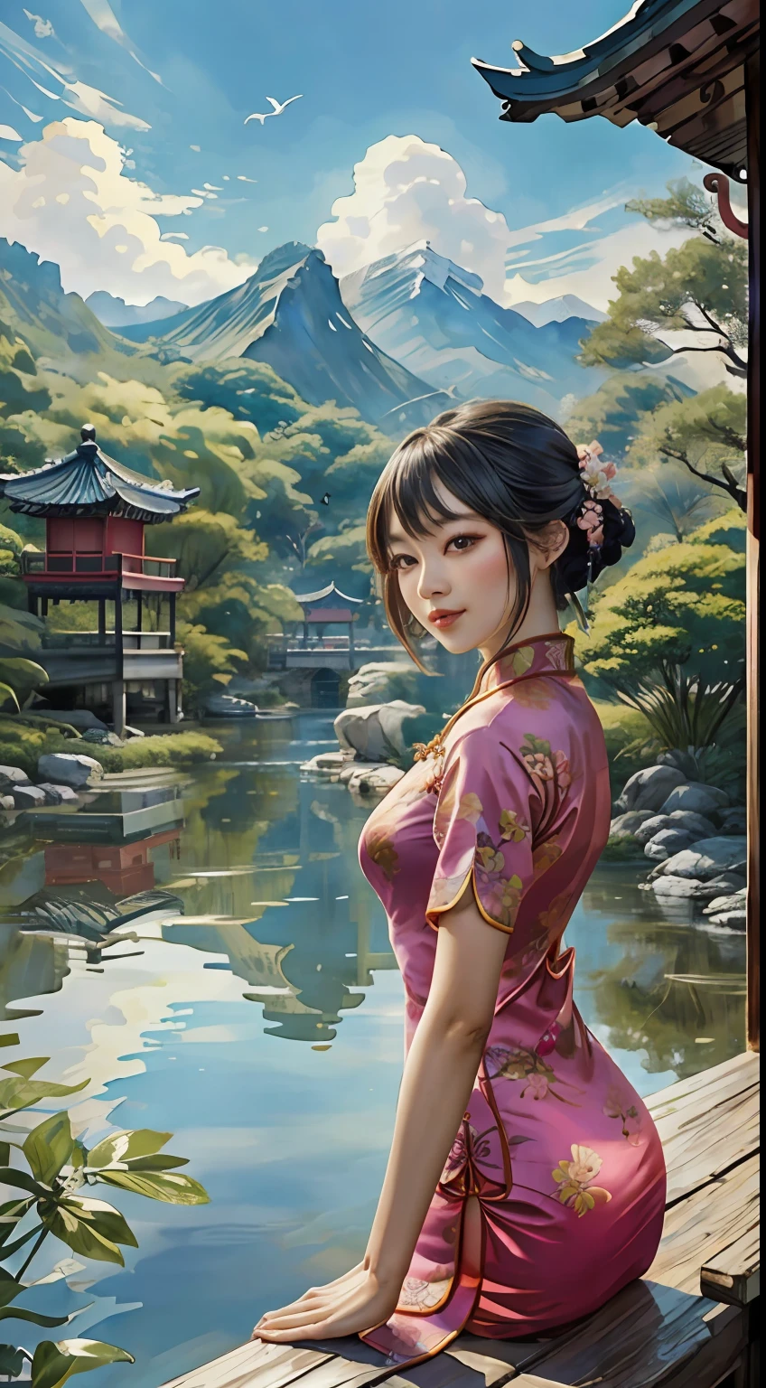 Chinese beauty standing by the river,中景 the scene is,(Wearing a gorgeous pink cheongsam:1.2),Lightweight and silky fabric((on cheongsam)),Flowing silk,(Detailed and perfect facial details),(Beautiful and affectionate eyes),Flowing silky hair,Pavilion,the trees,Flying birds,The vista is mountains,(Ink painting style),Clean colors,Decisive cut,Leave white space,impressionistic,tmasterpiece,(8k wallpaper),(Extremely meticulous and perfectly detailed painting),Epic composition,high high quality,HighestQuali,Master works of painting,realisticlying,Inspired by:《Suzhou Garden》,Ray