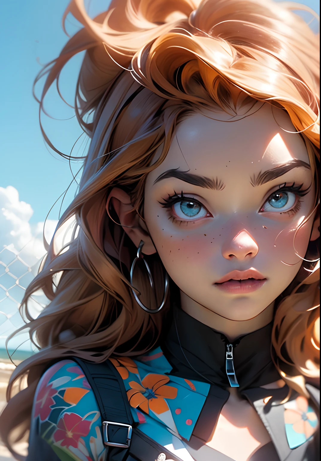 (Best Quality, Masterpiece), Best Quality, High Resolution, Masterpiece, Best Detail, 8k, Close Up, Realistic, 35mm, Intricate Detail, HDR, Intricate Detail, Ultra Detail, Natural Skin Texture, Surrealism, Sharp, Best Quality, High Resolution, (One Girl: 1.6), (lora:RussianDoll: 0.4), (Lora:TaiwanDoll: 0.4), (Best Quality, 8k, Masterpiece: 1.3), Highly detailed face and skin texture, detailed eyes, double eyelids, bleached skin, long hair split edges, (round face: 1.4), blue sky, white clouds, HORIZON, sea, (behin shape) shooting angle, (cowboy shot) cowboy angle, add to your charm, RED HAIR