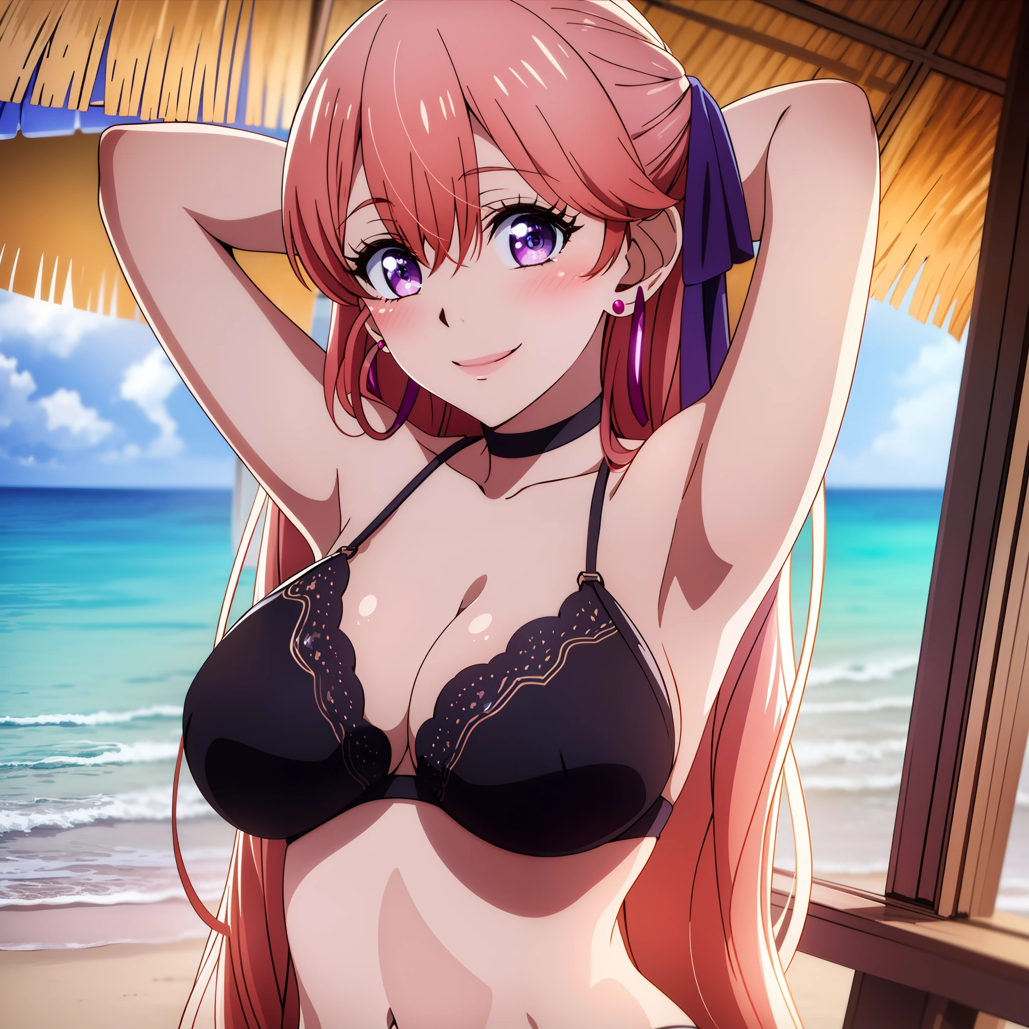 masterpiece, (best quality), 1girl ,erika amano, erika, blond hair, (purple eyes), black bikini, long hair, earrings, jewelry, smile, hair between eyes, embarrassed, blush, beautiful, (perfect eyes:1.1), looking at viewer, outdoors, beach,