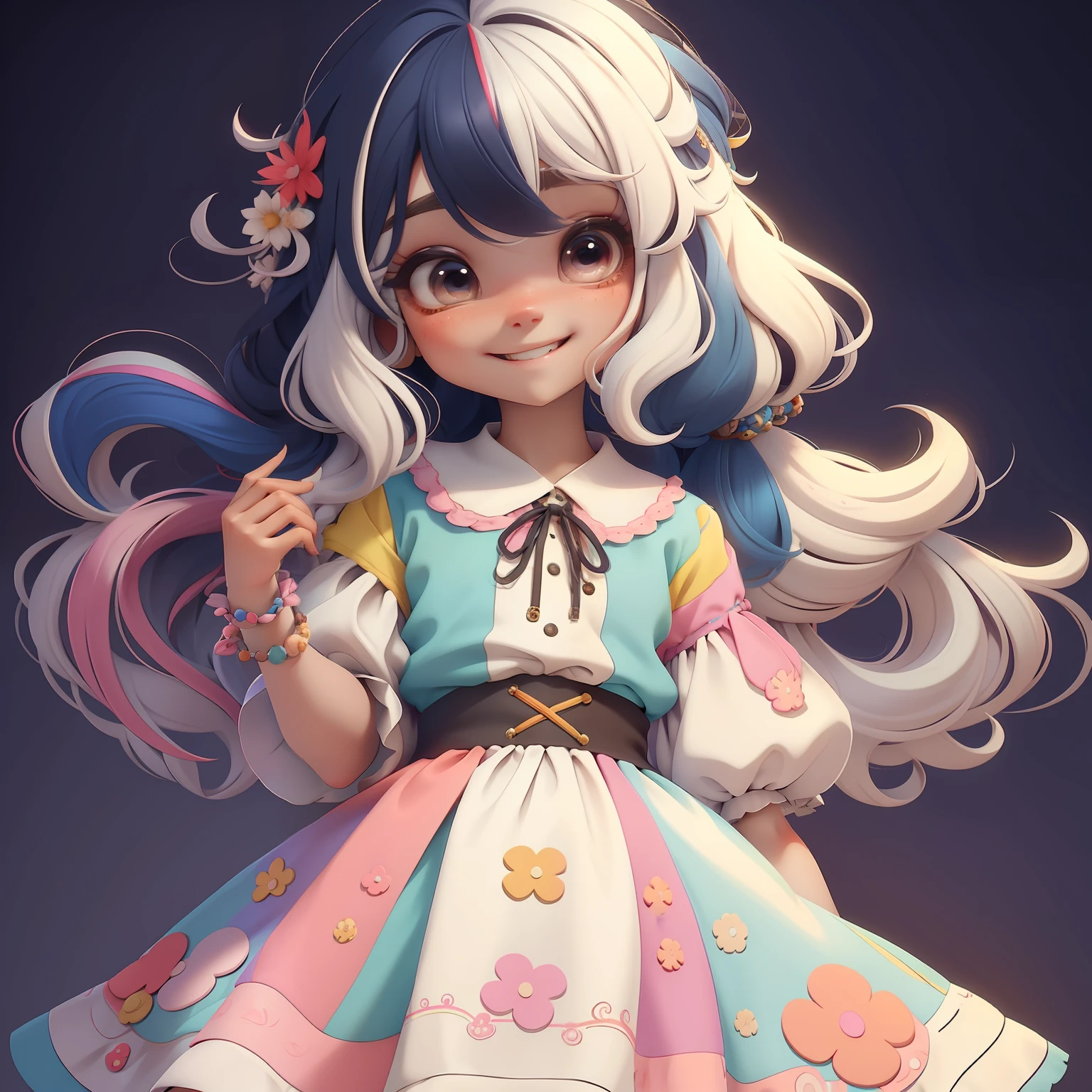 Loli girl, cabelo multicolorido estilo de cabelo, multicolorido, sorriso e olhos delicados, vestido extravagante, fundo simples, Melhor Qualidade