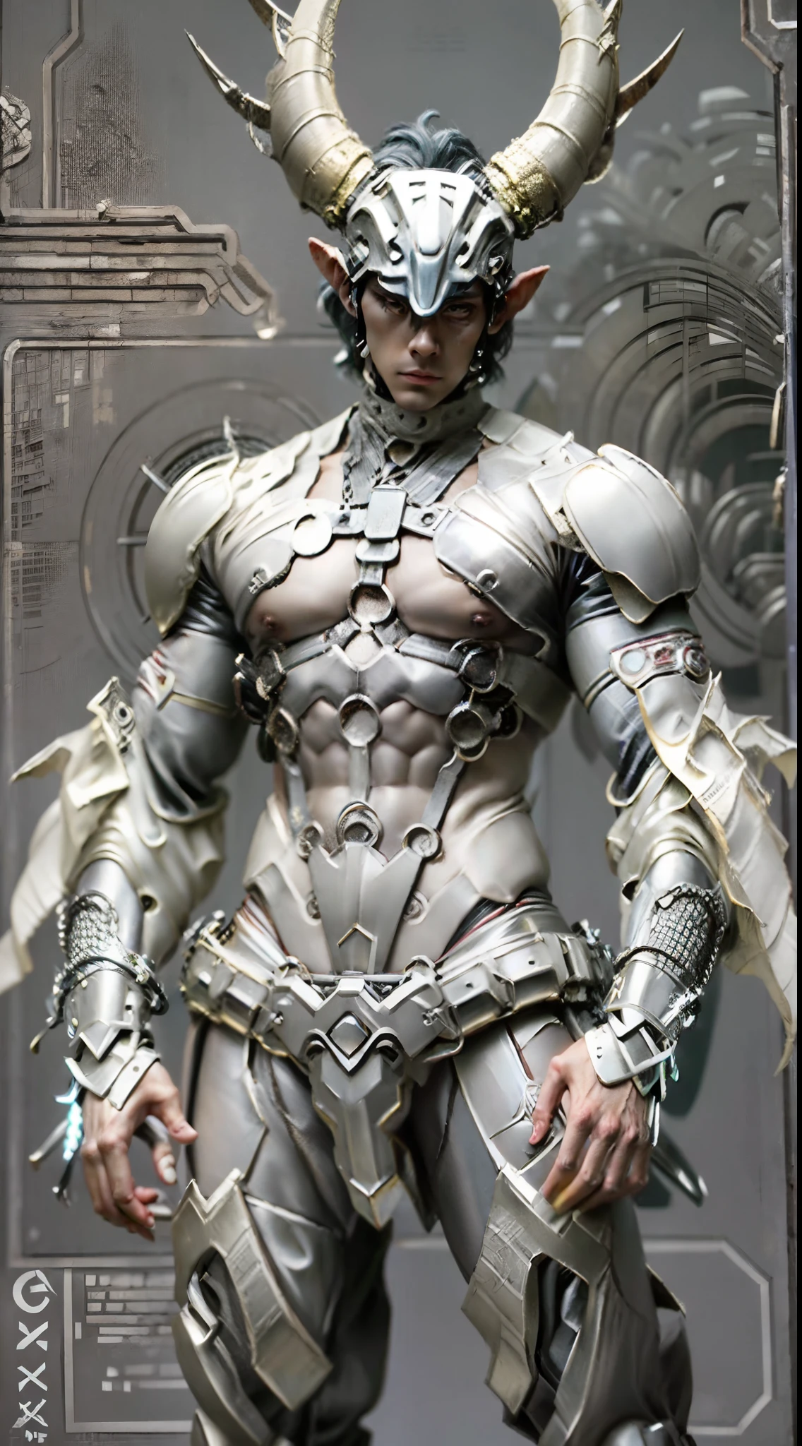 Model design,Tide play blind box,3D naked boy,GK, The whole body of the character,base,Wu Shixun,Raised sexy,coda,Long horns on the head,Transparent wings,Handsome cybernetic boy looking at camera lingerie detailed muscular reality masterpiece,musculous