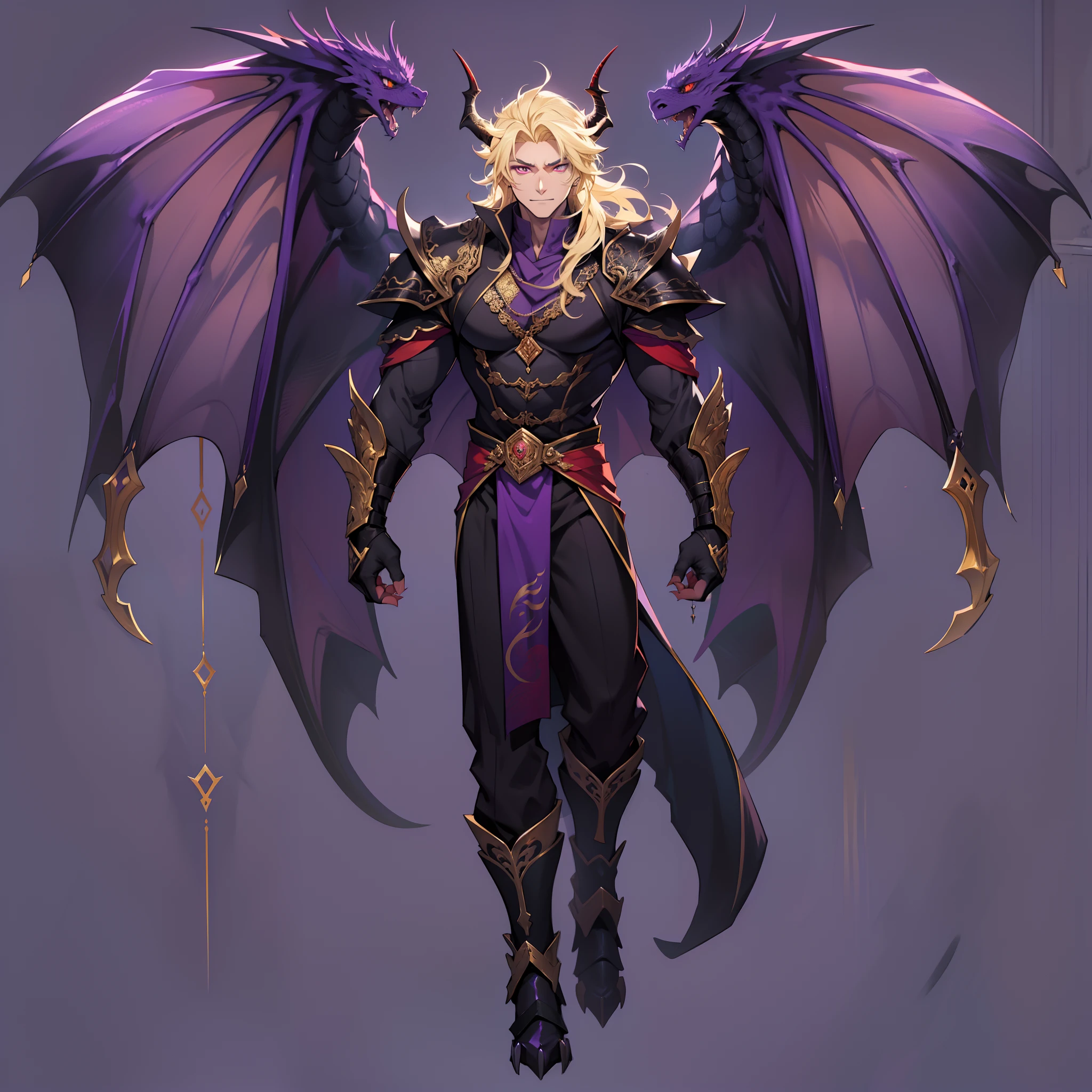 Dragon with black scales and long talons. Horns. Golden eyes. Huge wings. soft eyes. Dragon in human form. Lomg hair. Blonde hair. Red eyes. Roman nose. Fangs. Soft expression. Soft look. Tall muscular male. Purple attire. Purple clothes. 1 male. One male.