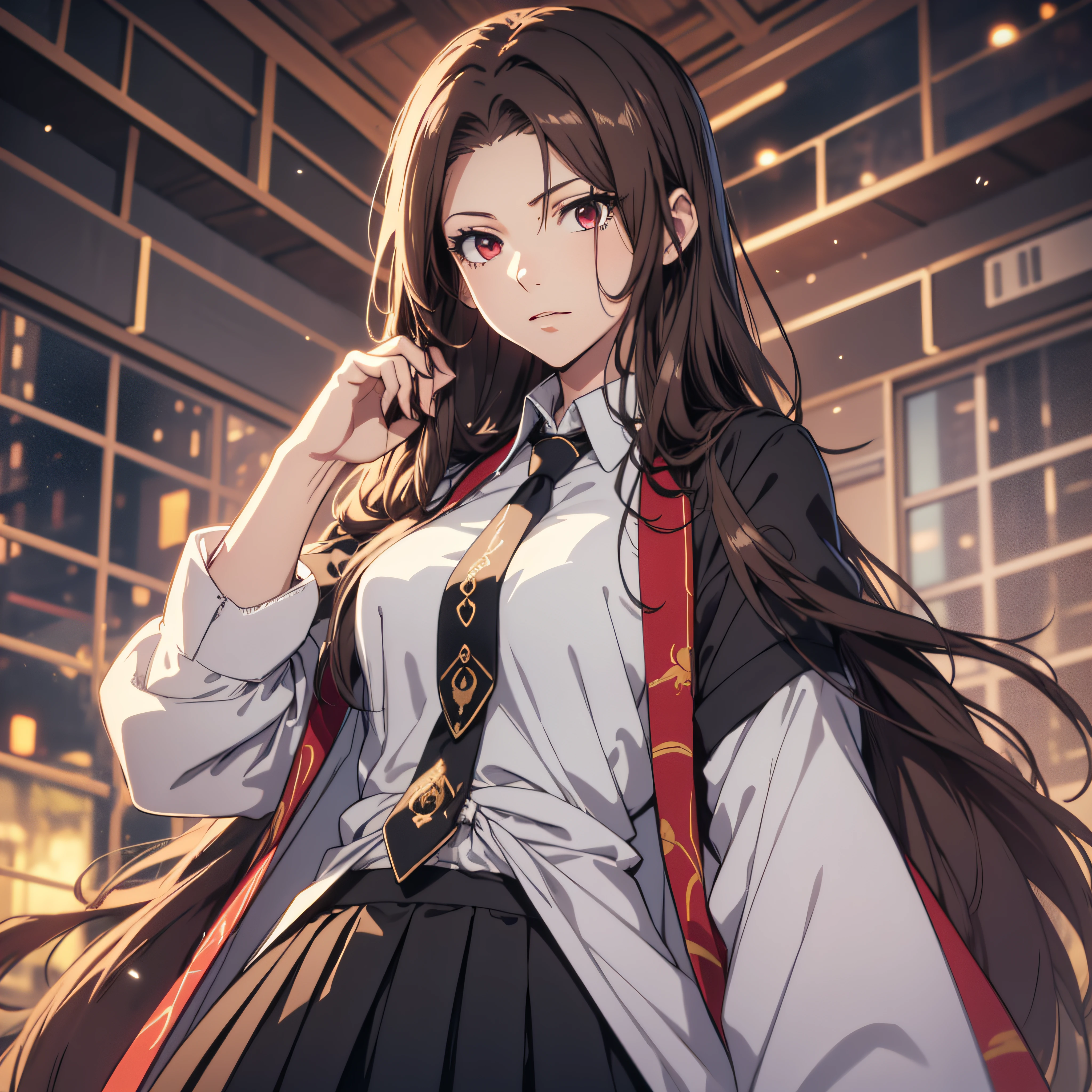 ((ultra-detailed, masterpiece, perfect pixel, highrest, best quality)), 1girl, single, solo, 20 years old Anime girl, smooth anime artstyle, long raven hair, slightly wavy hair, parted bangs, brown hair, gradient hair color, Magus, ((red eyes, detailed eyes, beautiful eyes)), long black coat, white shirt, ((necktie, long tie, single tie)), black skirt, aristocrat, noble attire, beautiful, ethereal, elegant, prestigious, indoor, royal, kingdom, particle effect, smooth smoke effect, magic light, standing, looking at viewer