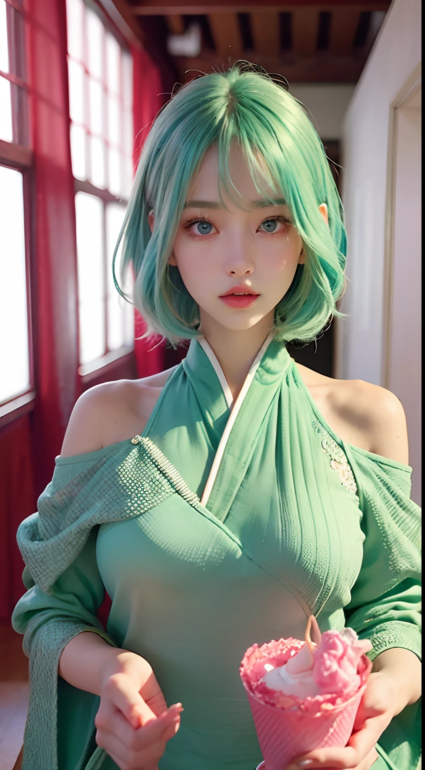 （filigree，Sharp images，Hyper-Resolution，Extremely amazing detail，awe-inspiring detail），sub surface scattering，Optimal proportions，tmasterpiece，best qualtiy，high qulity，（1girll：1.2），独奏，Light green hair，Pink eyes，apathy