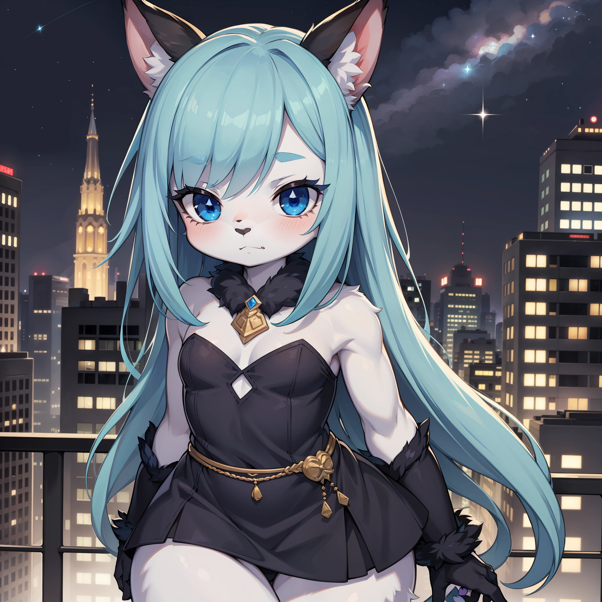 tmasterpiece,furry,Beast too,boy,Full body photo,solo person,Shota,beast ear,adolable,Blue hair,Blue delicate eyes,urban backdrop,eventide,starrysky,intricate hair,Exquisite Hair,exquisite facial features,Delicate expression,exquisitedetails,A high resolution,highest quality,8k --niji 5