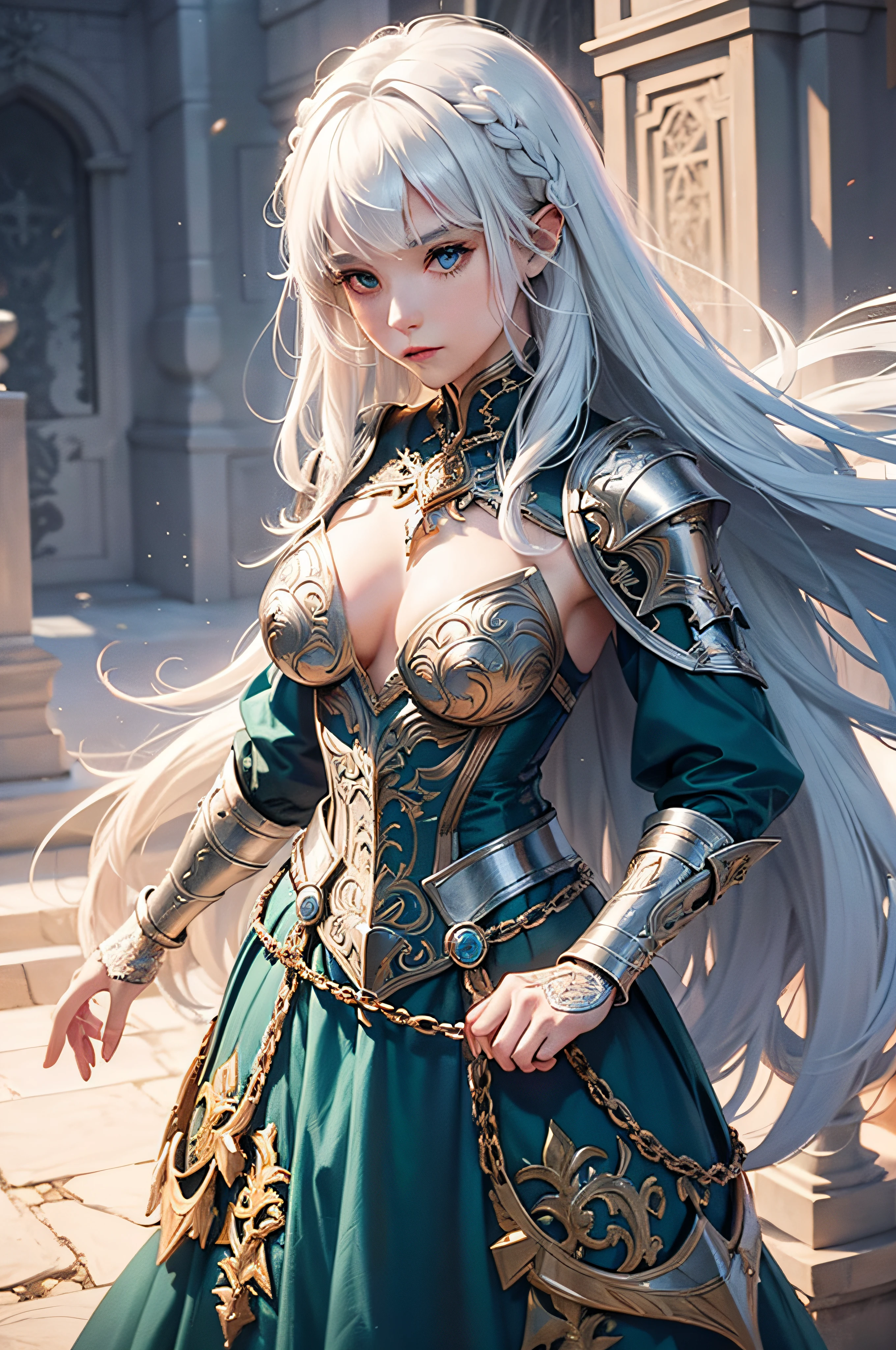 Iridescent armor, long wild white hair!! covered chest!!! fantasy, d & d, intricate ornate details, digital painting, pretty face, symmetry