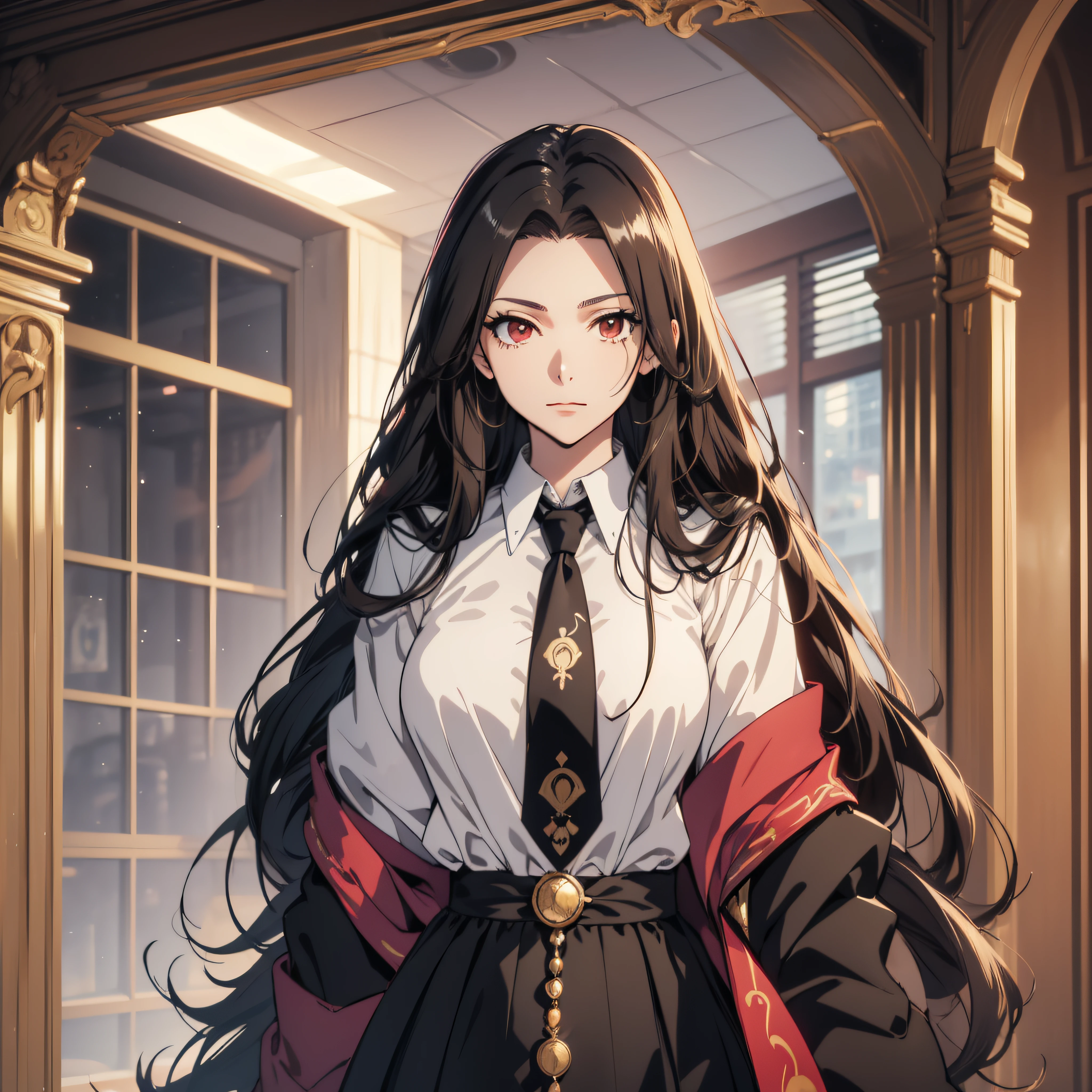 ((ultra-detailed, masterpiece, perfect pixel, highrest, best quality)), 1girl, single, solo, 20 years old Anime girl, smooth anime artstyle, long raven hair, slightly wavy hair, parted bangs, dark brown hair, gradient hair color, Magus, ((red eyes, detailed eyes, beautiful eyes)), ((long black coat, white shirt, long skirt)), ((necktie, long tie, single tie)), black skirt, aristocrat, noble attire, beautiful, ethereal, elegant, prestigious, indoor, royal, kingdom, particle effect, looking at viewer