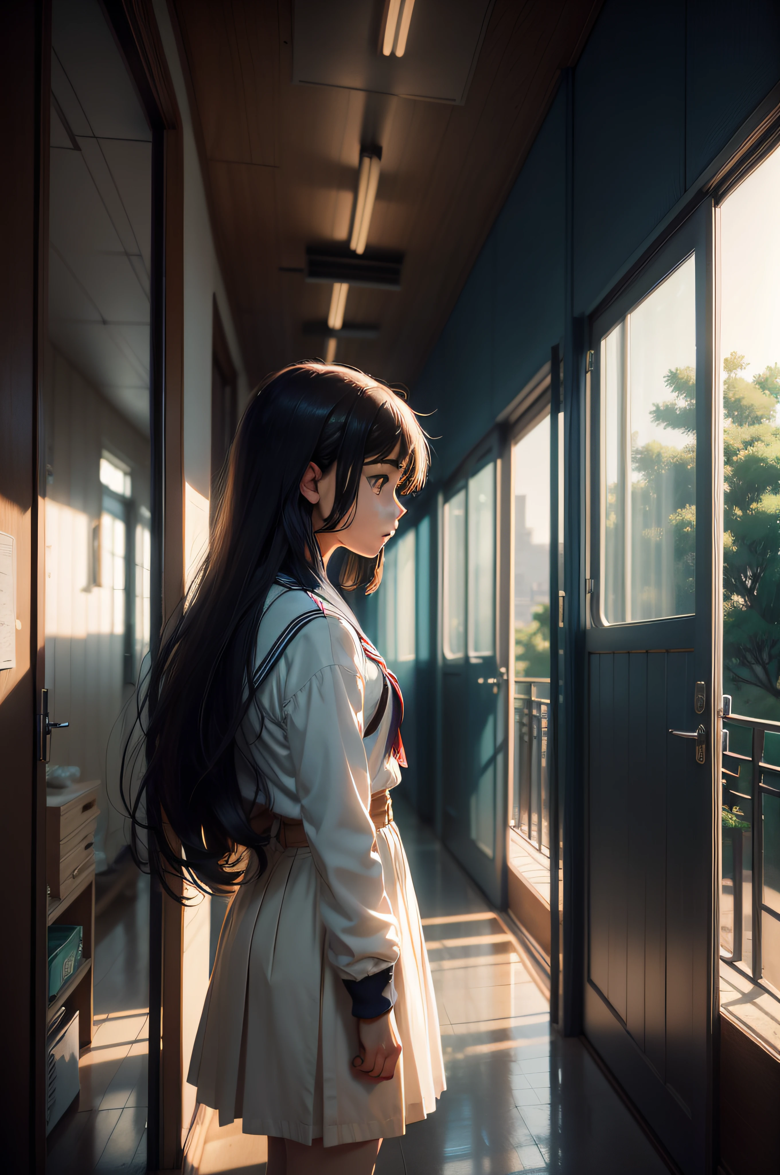 "Masterpiece, Makoto Shinkai inspired landscape with a girl standing in a 's perspective. The setting is ruang hampa, ruang liminal putih. The girl is depicted taking a letter, with a focus on detailed character portrayal. Sailor uniform. Long hair girl"