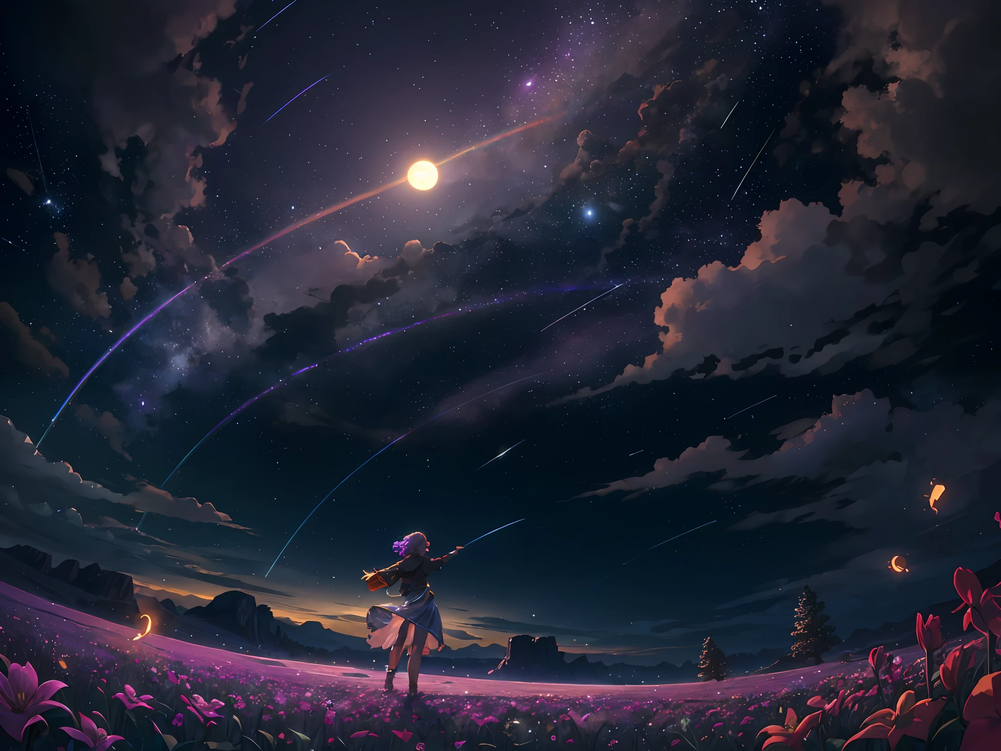 Vast landscape photo, (viewed from below, the sky is above and the open field is below), a girl standing on a flower field looking up, (full moon: 1.2), (meteor: 0.9), (nebula: 1.3), distant mountains , Trees BREAK Crafting Art, (Warm Light: 1.2), (Fireflies: 1.2), Lights, Lots of Purple and Orange, Intricate Details, Volumetric Lighting, Realism BREAK (Masterpiece: 1.2), (Best Quality), 4k, Ultra-Detailed, (Dynamic Composition: 1.4), Very Detailed, Colorful Details, (Rainbow Colors: 1.2), (Glow Lighting, Atmospheric Lighting), Dreamy, Magical, (Solo: 1.2)