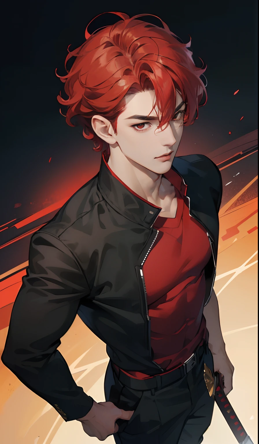 (absurd, high, extremely detailed),((masterpiece)), ((best quality:1.1)), High resolution, 8k, upper body, 1 boy, (red hair, curly hair light, layered hair :1.1 ), ((super short hair, neatly combed)), shaded face, (men's black coat with red interlacing, black loose t-shirt, men's colored jogger pants black: 1.1), , (top view 1.1), ((red eyes)), (katana in hand), night city, standing posture, looking at people